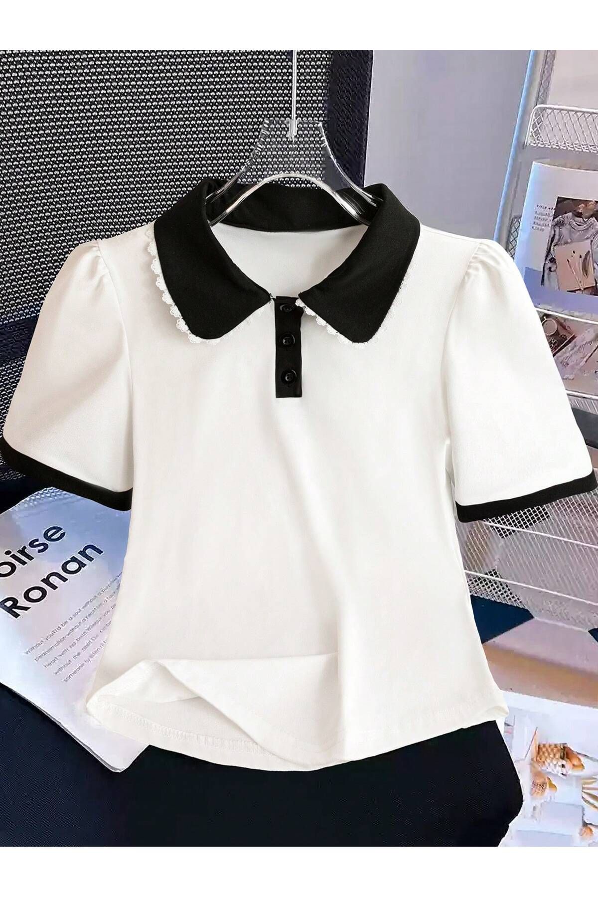 banessa Triko Örme Bebe Yaka Düğme Detaylı Kadın T-shirt
