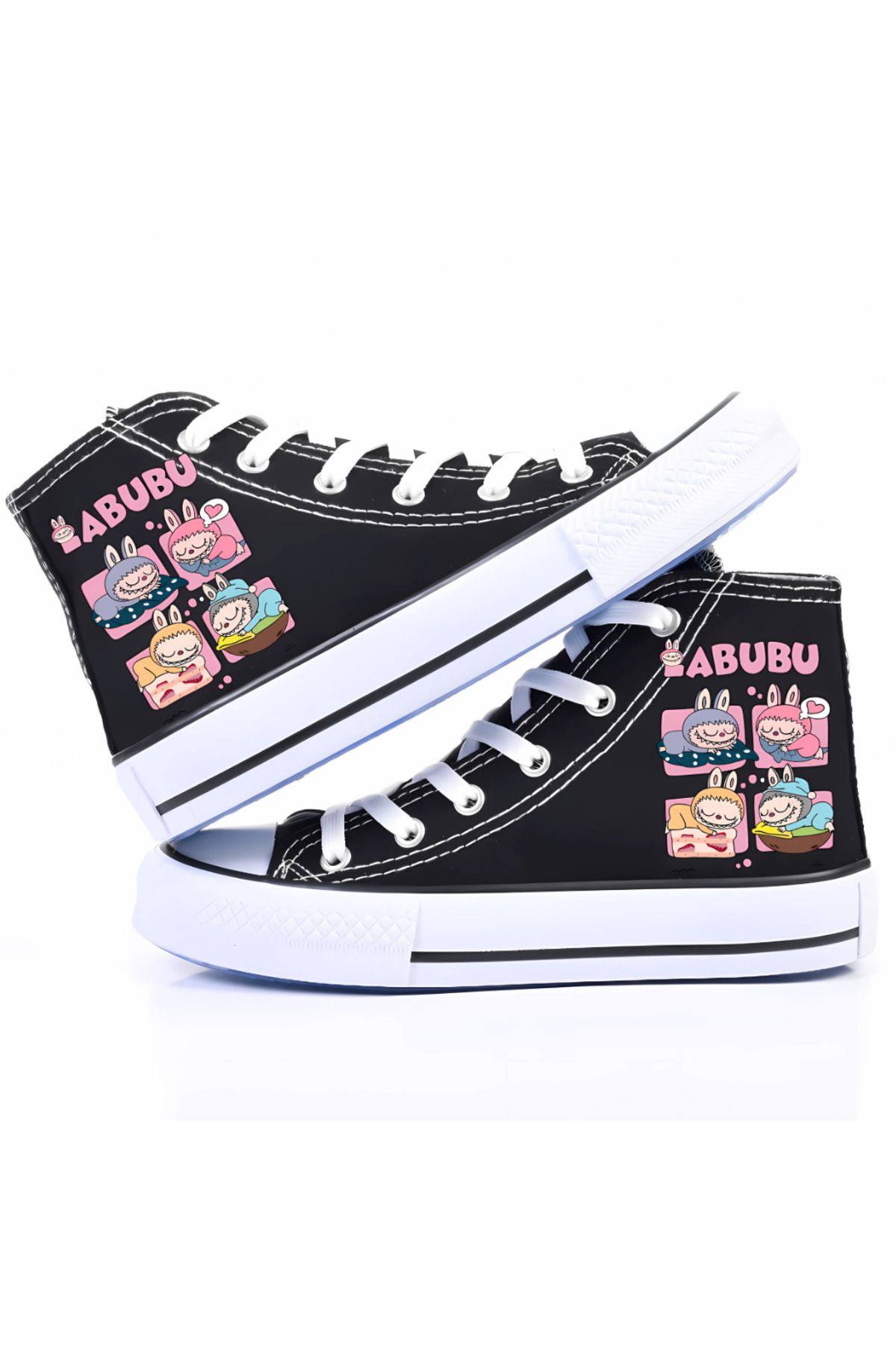 MECH BUTİK Labubu Baskılı Siyah Unisex Kadın/Erkek Bilekli Keten Ayakkabı Sneaker