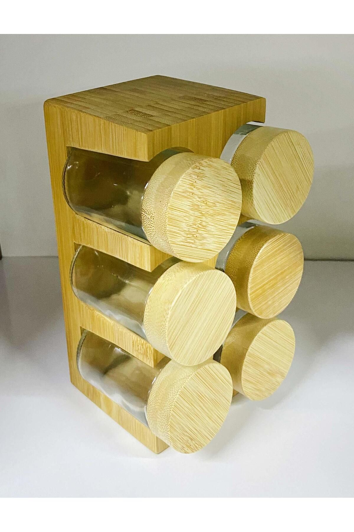 Altabi Cam Baharatlık 6Lı Bambu Kapaklı Tezgahüstü Standlı