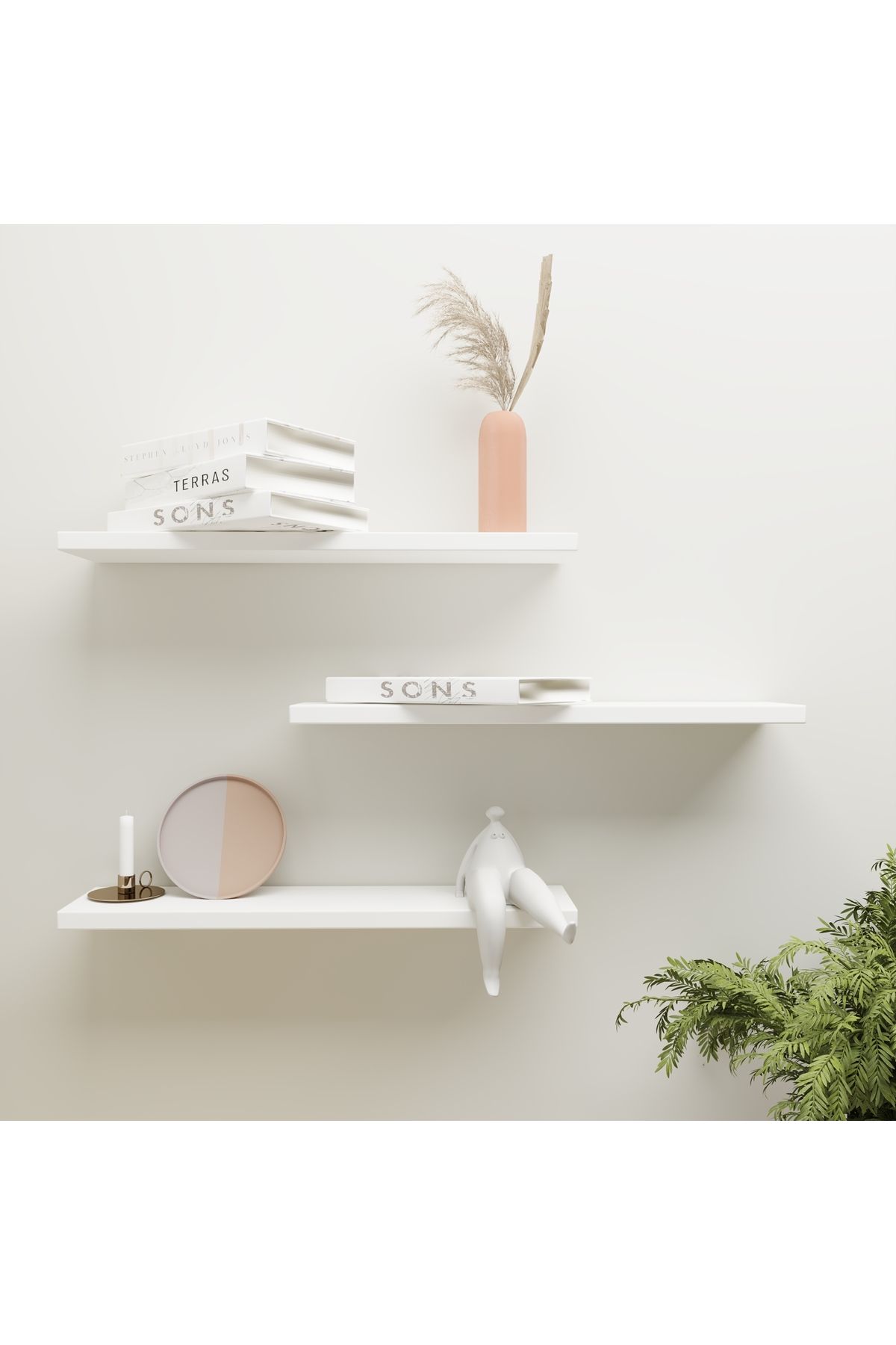 Kafs Store Minimal Beyaz Duvar Rafı - Uçan Raf (3'lü Set)