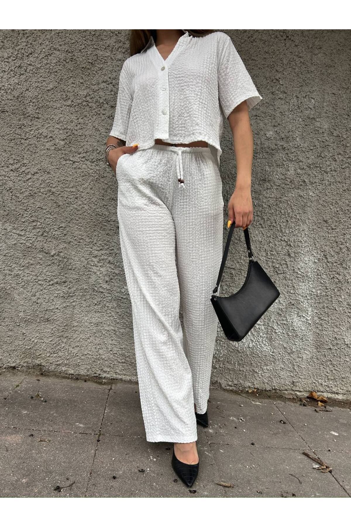 SEVENLINE Kadın Polo Yaka Bürümcük Crop -Pantolon Alt Üst Takım