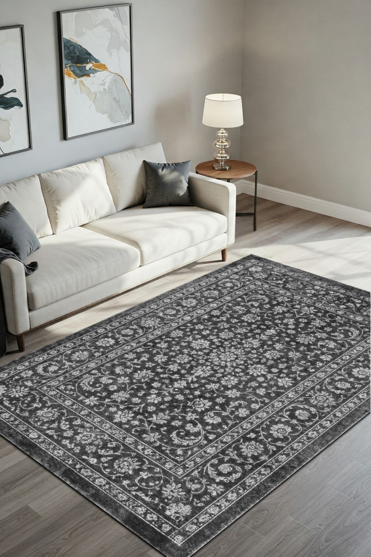 The Reef Design Klasik Desenli Siyah Halı Dijital Baskılı Dokuma Kaymaz Tabanlı Yıkanabilir Oturma Odası Halısı