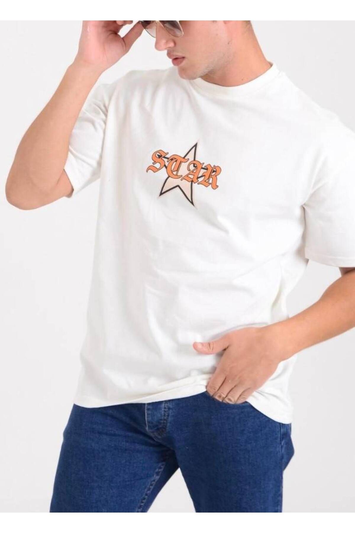 Star ERKEK BEYAZ OVERSİZE DART LOGOLU T-SHİRT