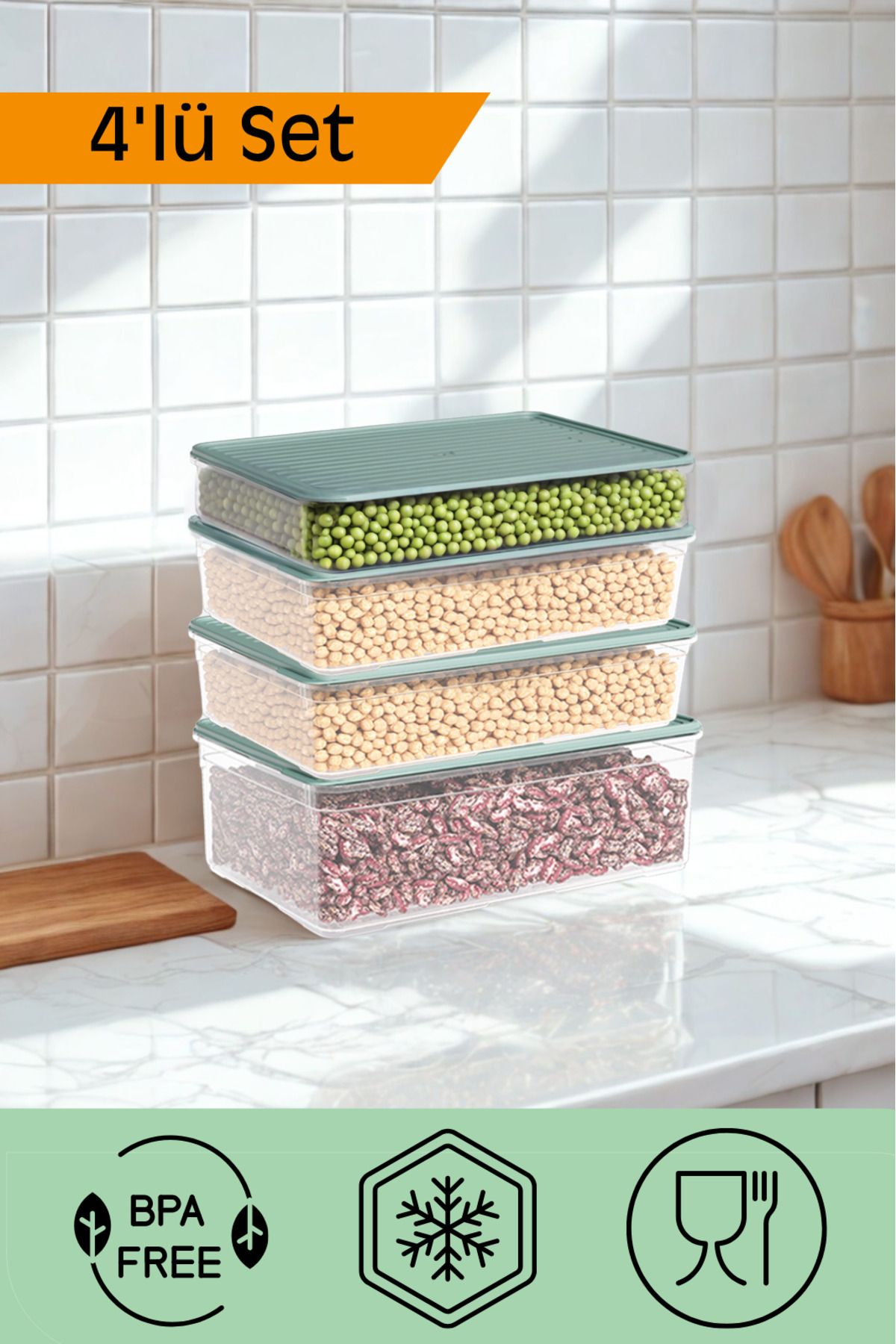 Canbaz Home 4'lü Buzdolabı Dondurucu Organizer Difriz Saklama Kabı Modüler Set (1x2200 ml, 2x3250 ml, 1x4300 ml)