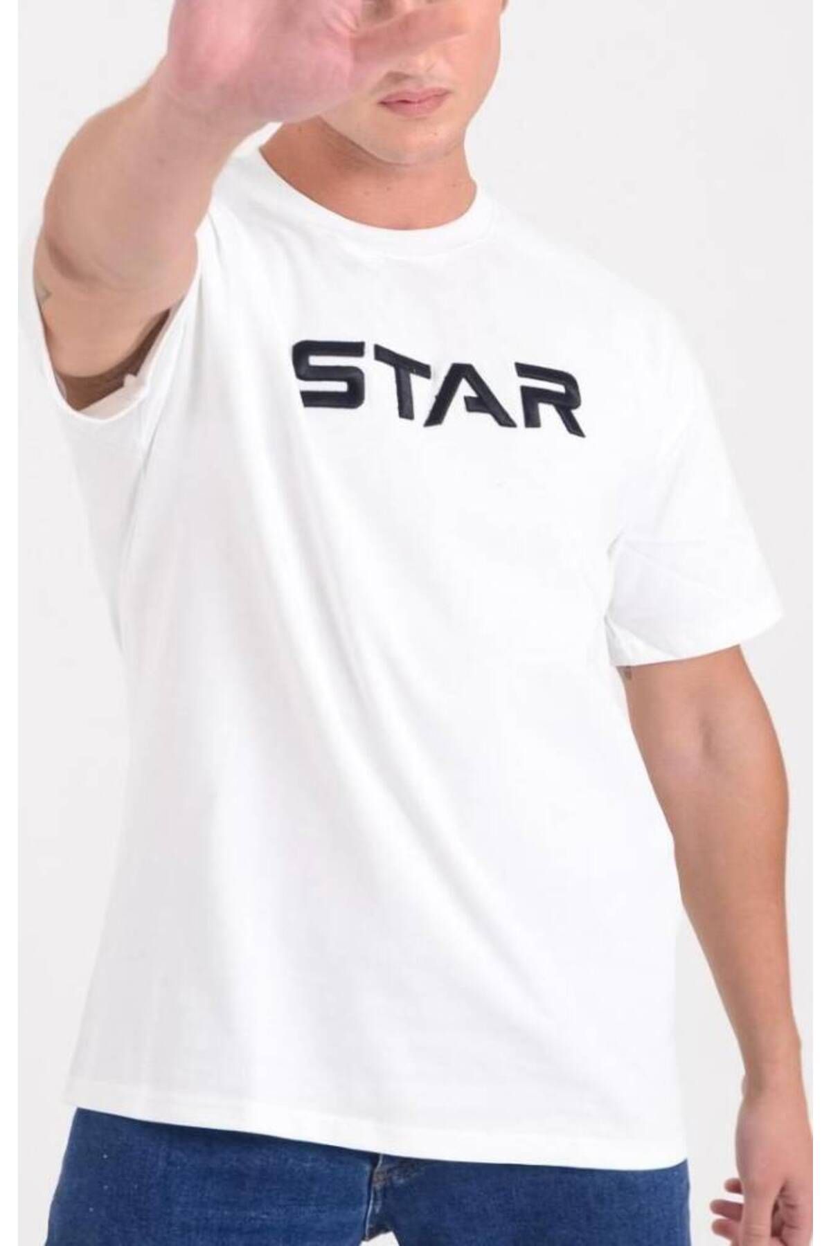 Star ERKEK BEYAZ OVERSİZE STAR NAKIŞLI T-SHİRT