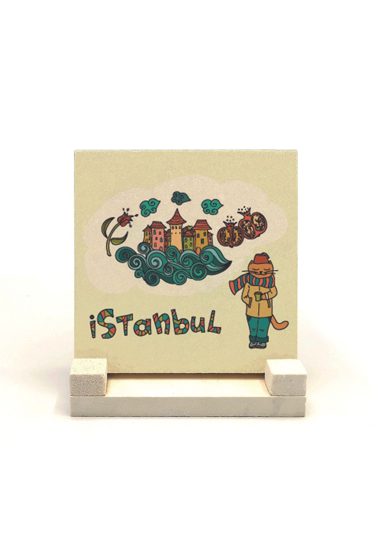 Souvenest İstanbul Kedisi Baskılı Doğaltaş Masaüstlük 10x10 Krt-62