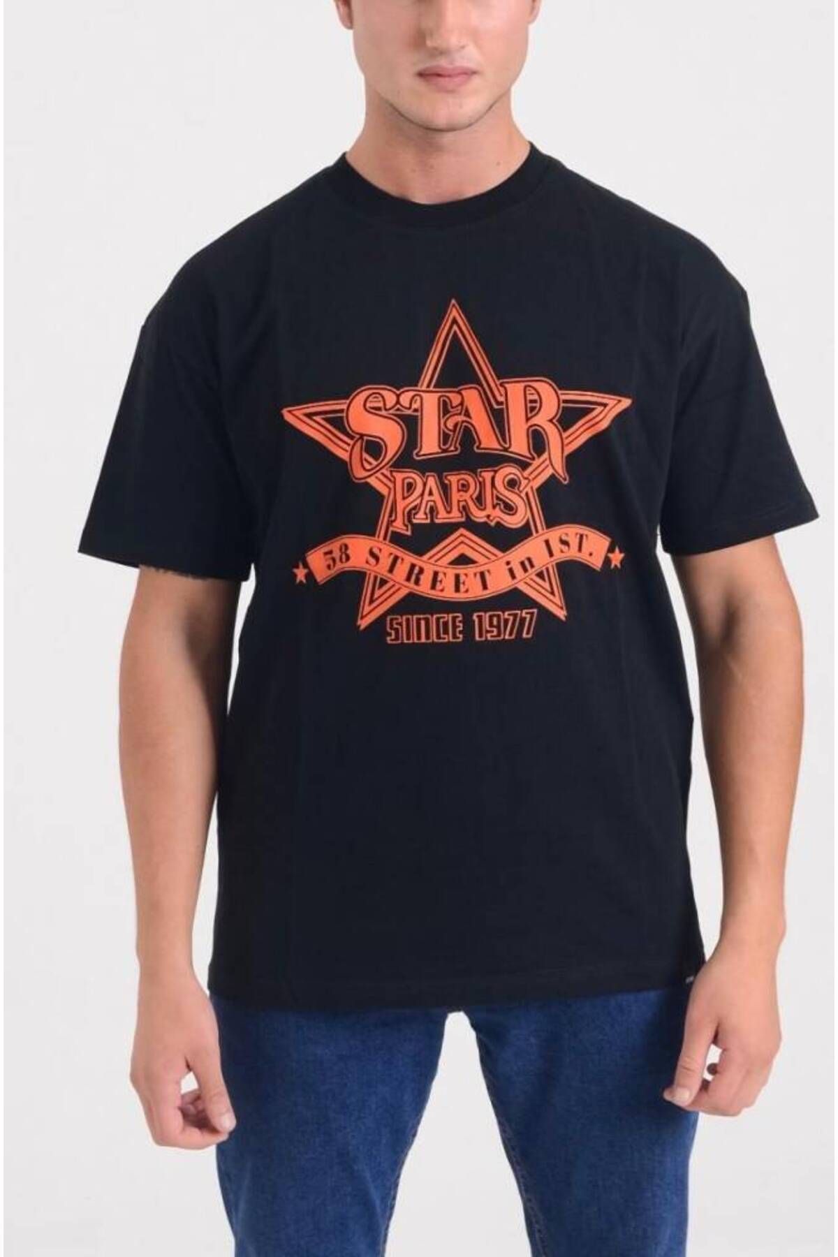 Star ERKEK SİYAH OVERSİZE STAR PARİS BASKILI T-SHİRT