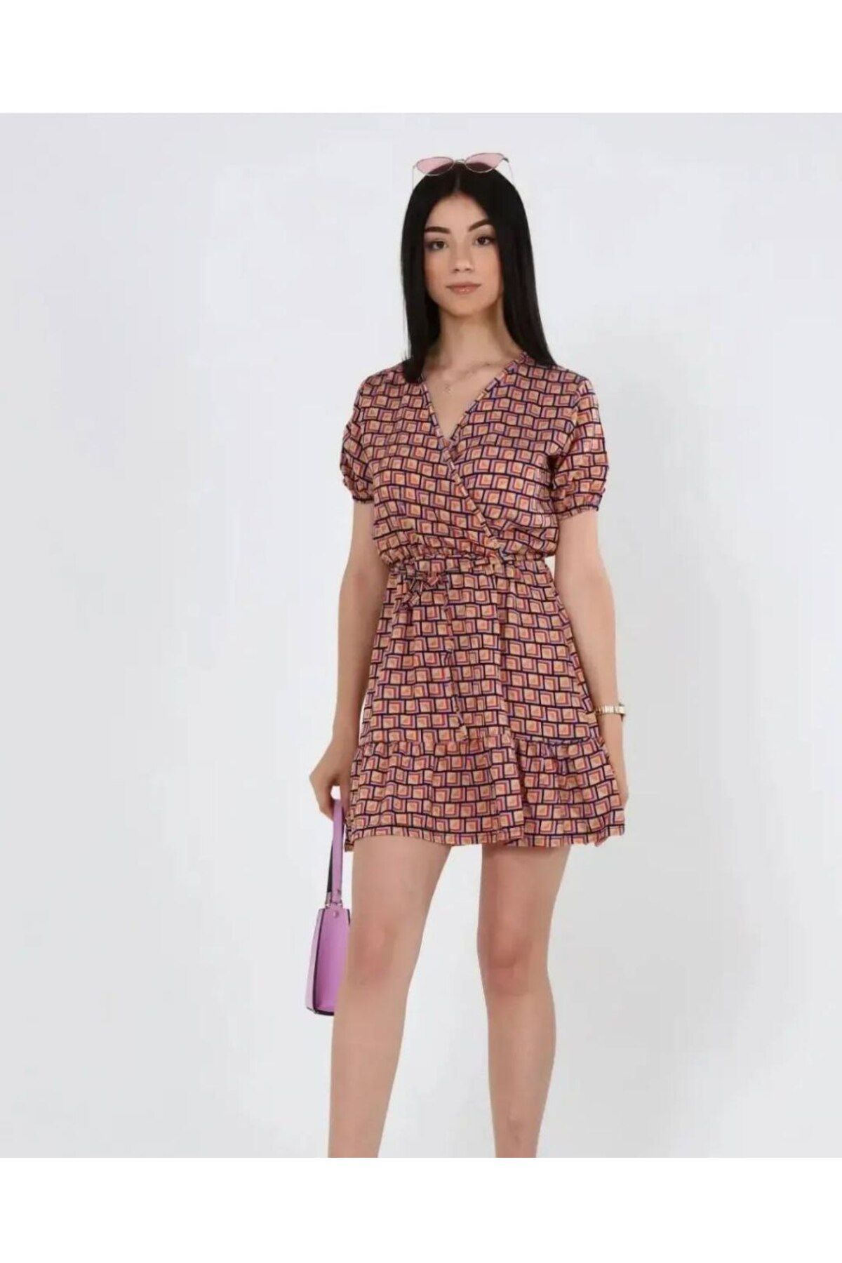 MODA KRUVAZE YAKA MİNİ ELBİSE DESENLİ VİSKON ELBİSE