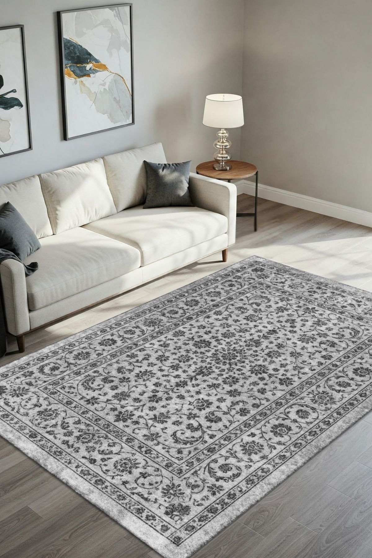 The Reef Design Klasik Desenli Dijital Baskılı Şönil Halı Dokuma Kaymaz Tabanlı Yıkanabilir Gri Salon Halısı