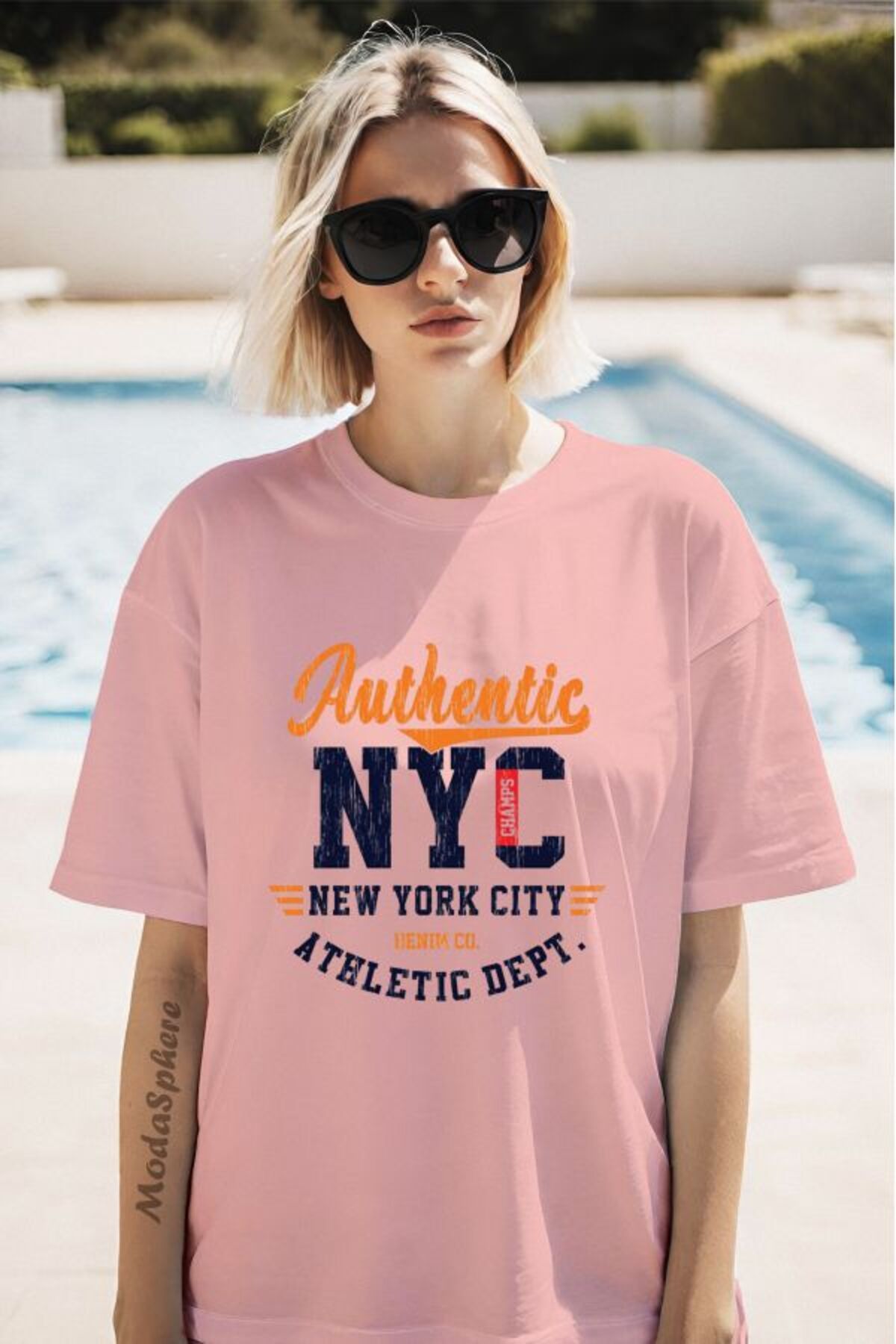 ModaSphere Authentic NYC Baskılı Unisex Oversize Tişört