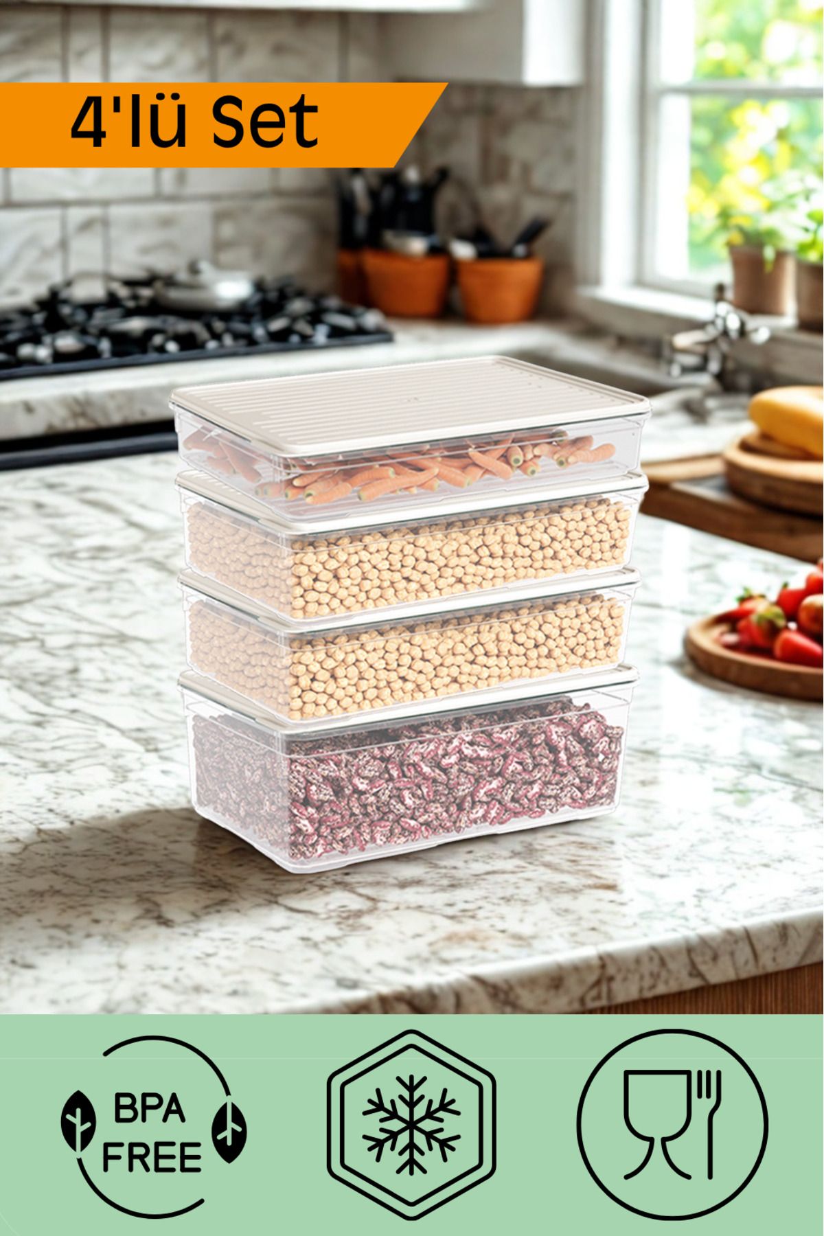Canbaz Home 4'lü Buzdolabı Dondurucu Organizer Difriz Saklama Kabı Modüler Set (1x2200 ml, 2x3250 ml, 1x4300 ml)