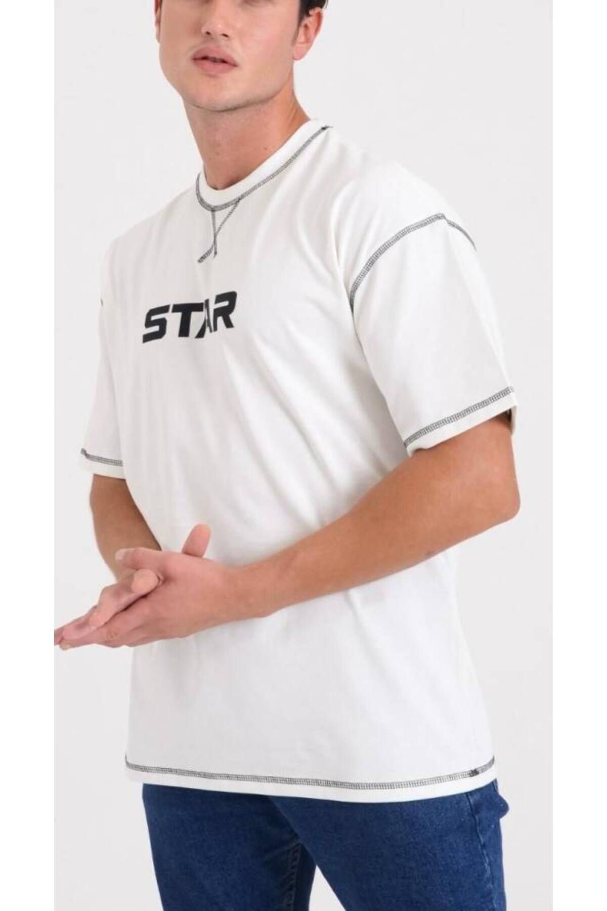 Star ERKEK BEYAZ OVERSİZE DİKİŞ DETAYLI T-SHİRT