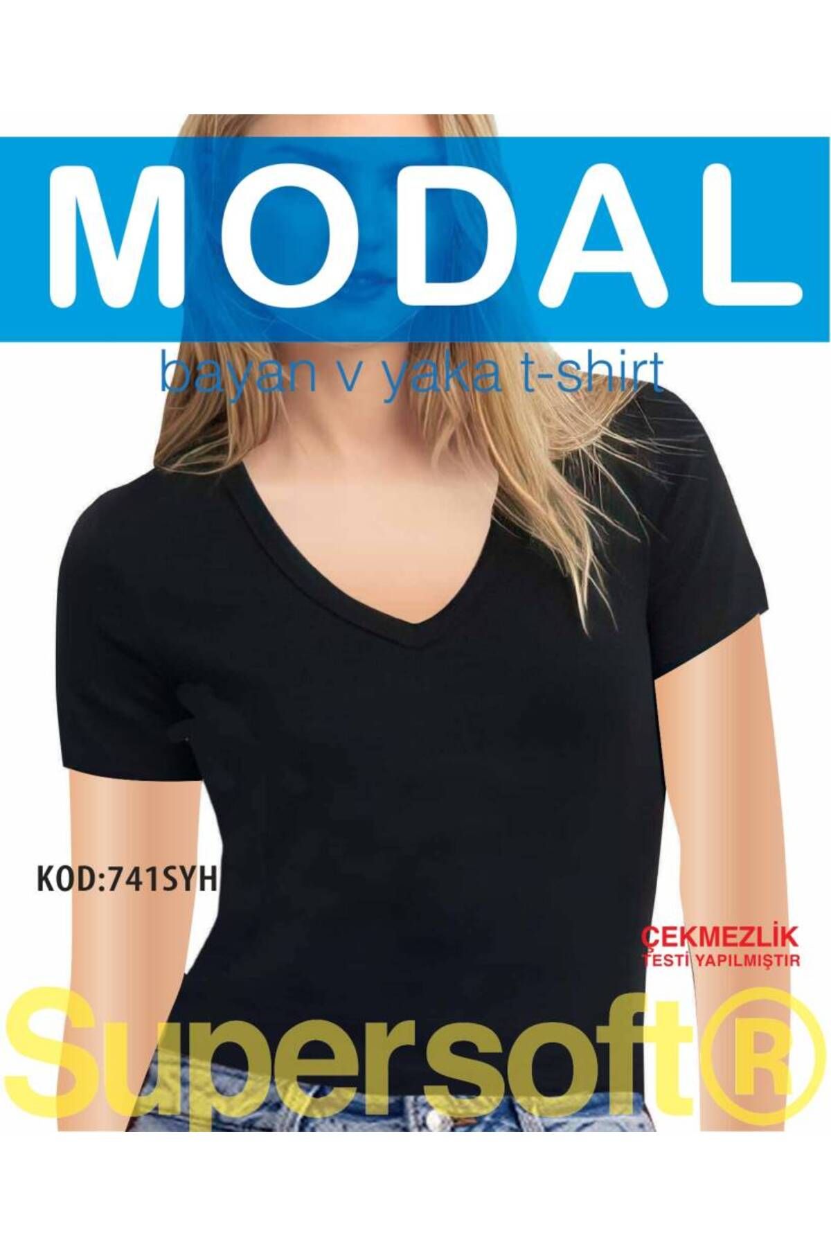 Star KADIN SİYAH MODAL V YAKA KISAKOL T-SHİRT