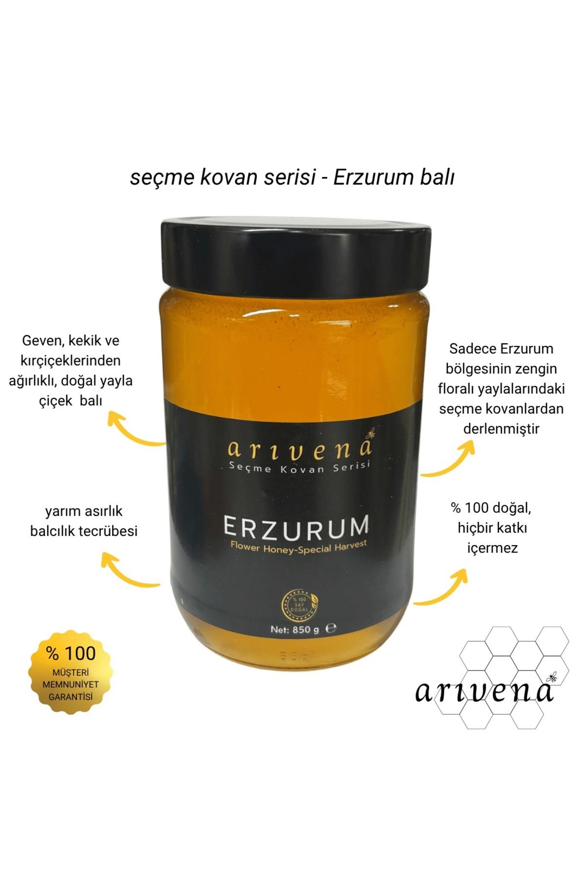 Arıvena Erzurum Seçme Kovan Balı %100 Saf ve Doğal 850g