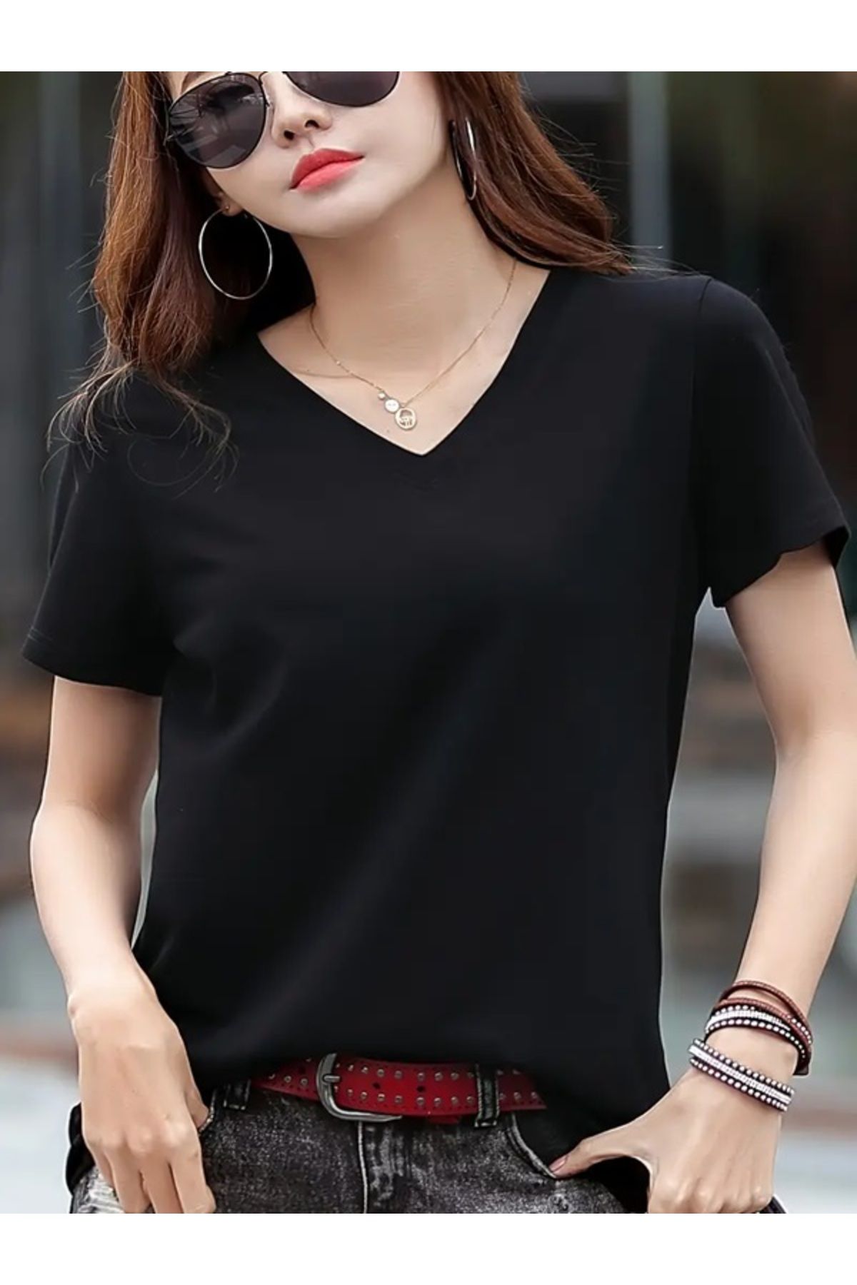 EXPECTED Kadın V Yaka Tişört Yazlık Regular Fit Basic Baskısız Günlük Şık Salaş T-shirt