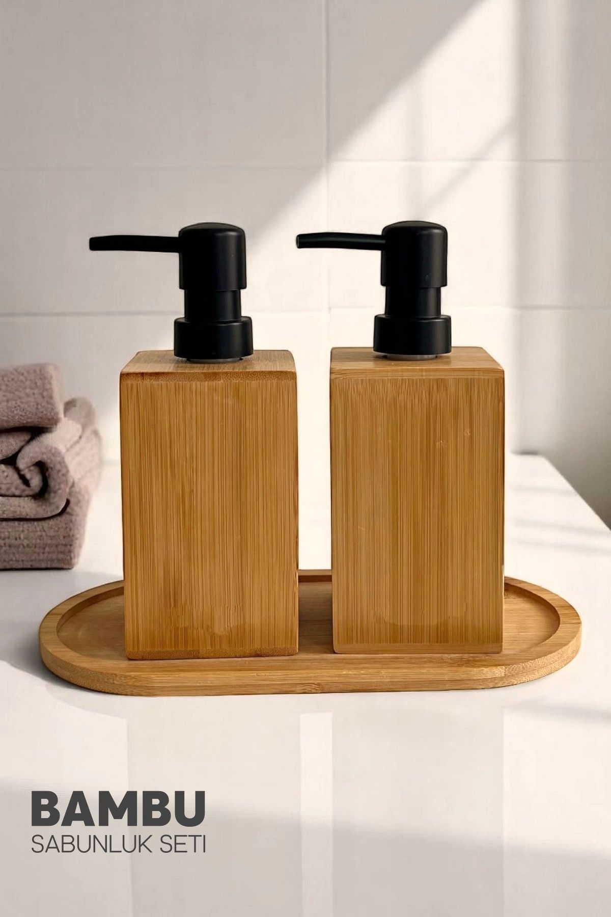 Tilbe Home 2li Kare Bambu Sabunluk Seti Hands Dishes Mutfak Banyo Sıvı Sabunluk 500ml Doğal Bambu Stantlı Set