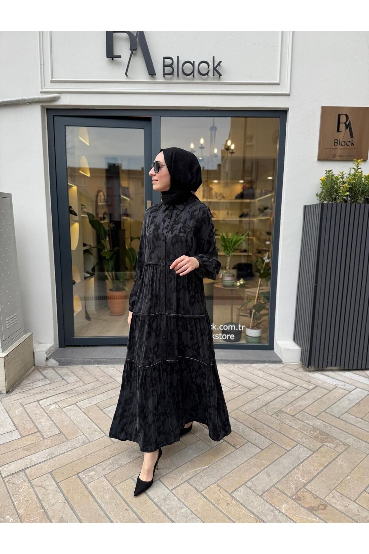Babil Butik Fisto Boncuk Detaylı Cupro Kadın Elbise Siyah