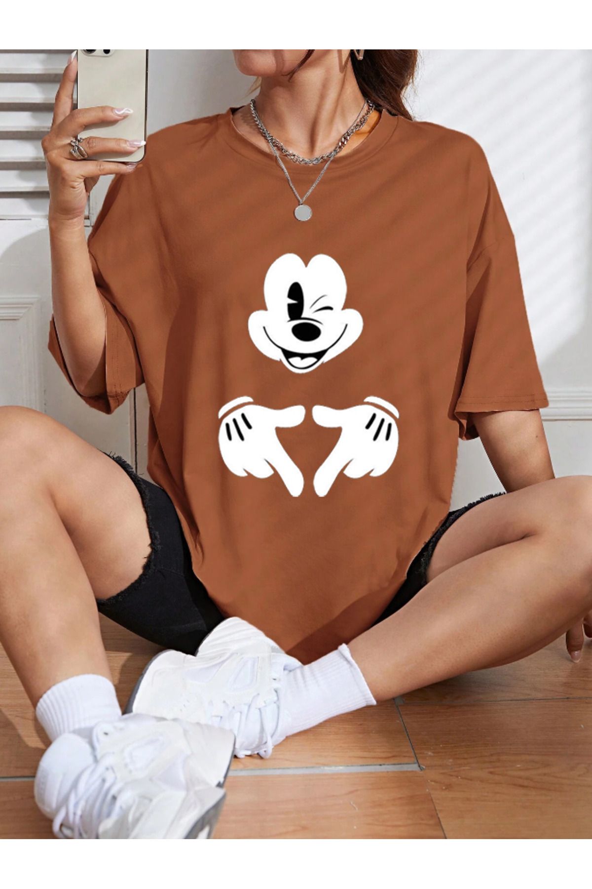 ModaSphere Unisex Kadın/Erkek Mickey Mouse Renkli Özel Baskılı Oversize Pamuk Penye T-Shirt