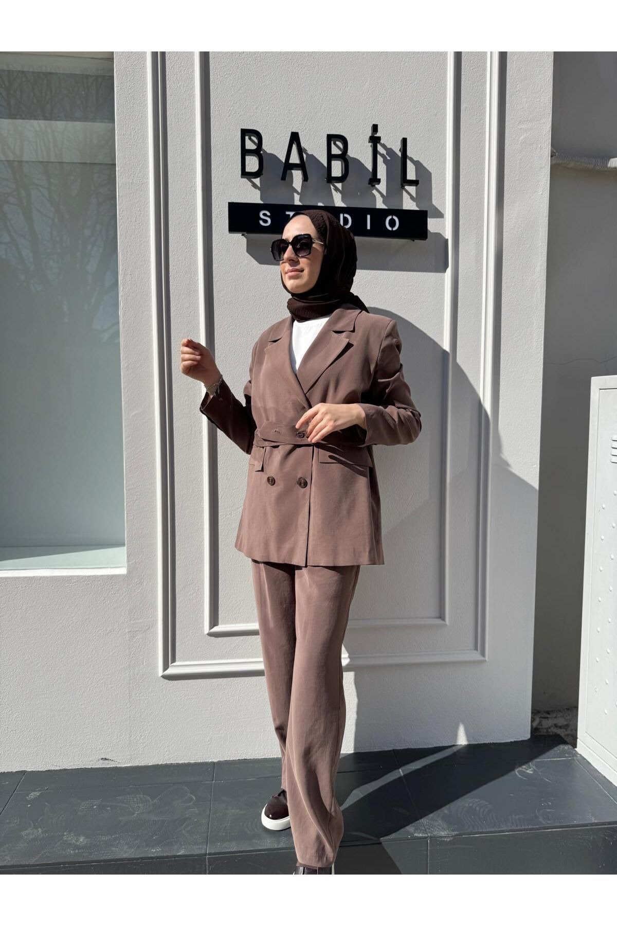 QOOQ STORE Çİft Düğmeli Blazer Kadın Ceket Kahve