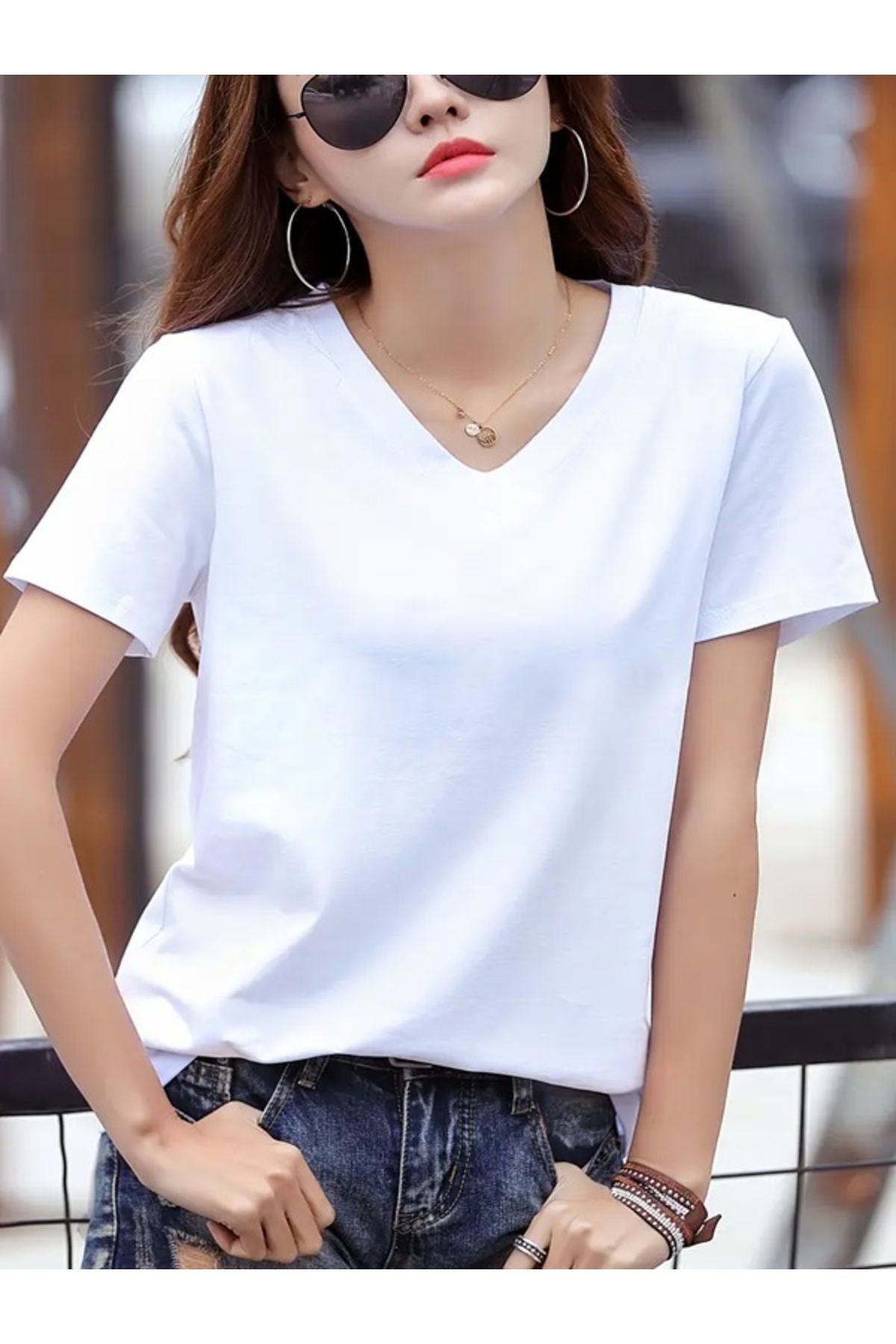 EXPECTED Kadın V Yaka Tişört Yazlık Regular Fit Basic Baskısız Günlük Şık Salaş T-shirt