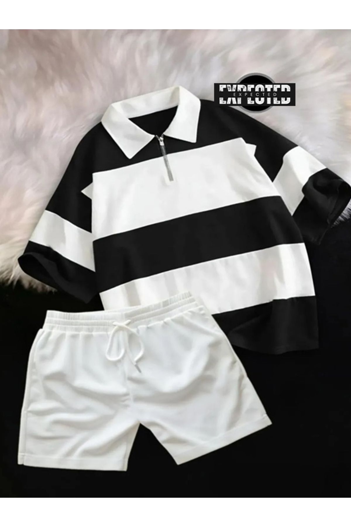 EXPECTED Unisex Parçalı Polo Yaka Yarım Fermuar Tişört Şort Takım-Oversize 2'li Şort - T-shirt Takım