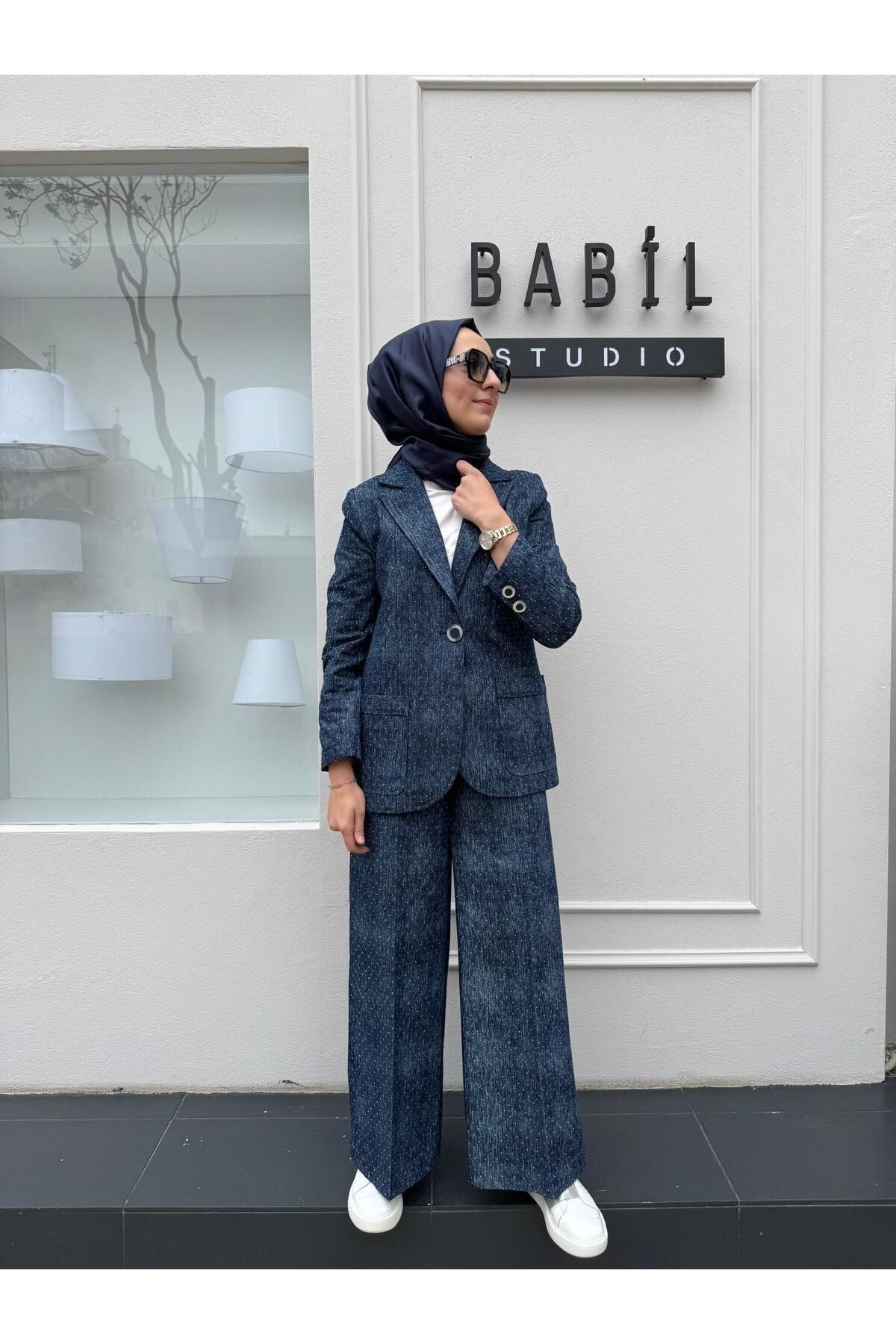 Babil Butik Parlak Taşlı Denim Kadın Ceket Indigo
