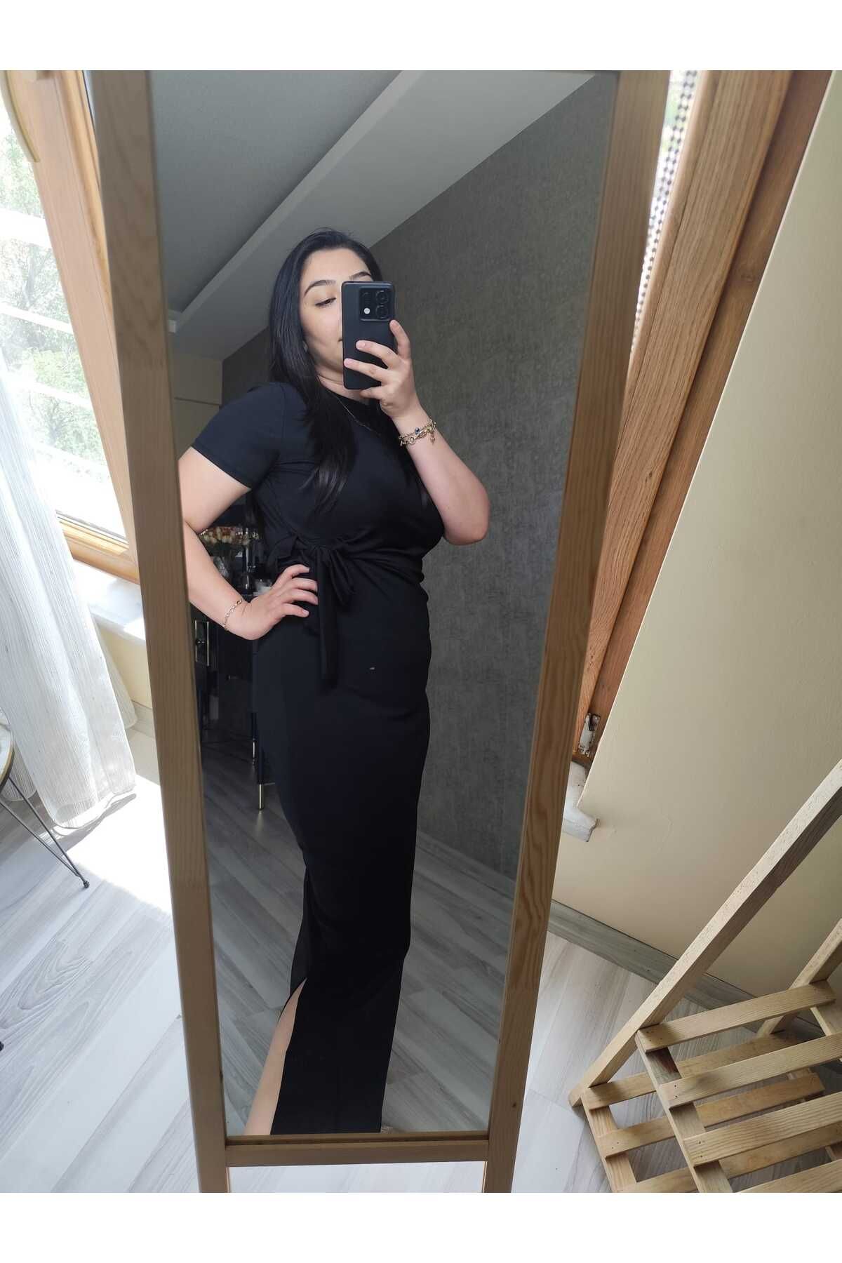 maviboutigue yandan bağlamalı yırtmaçlı elbise