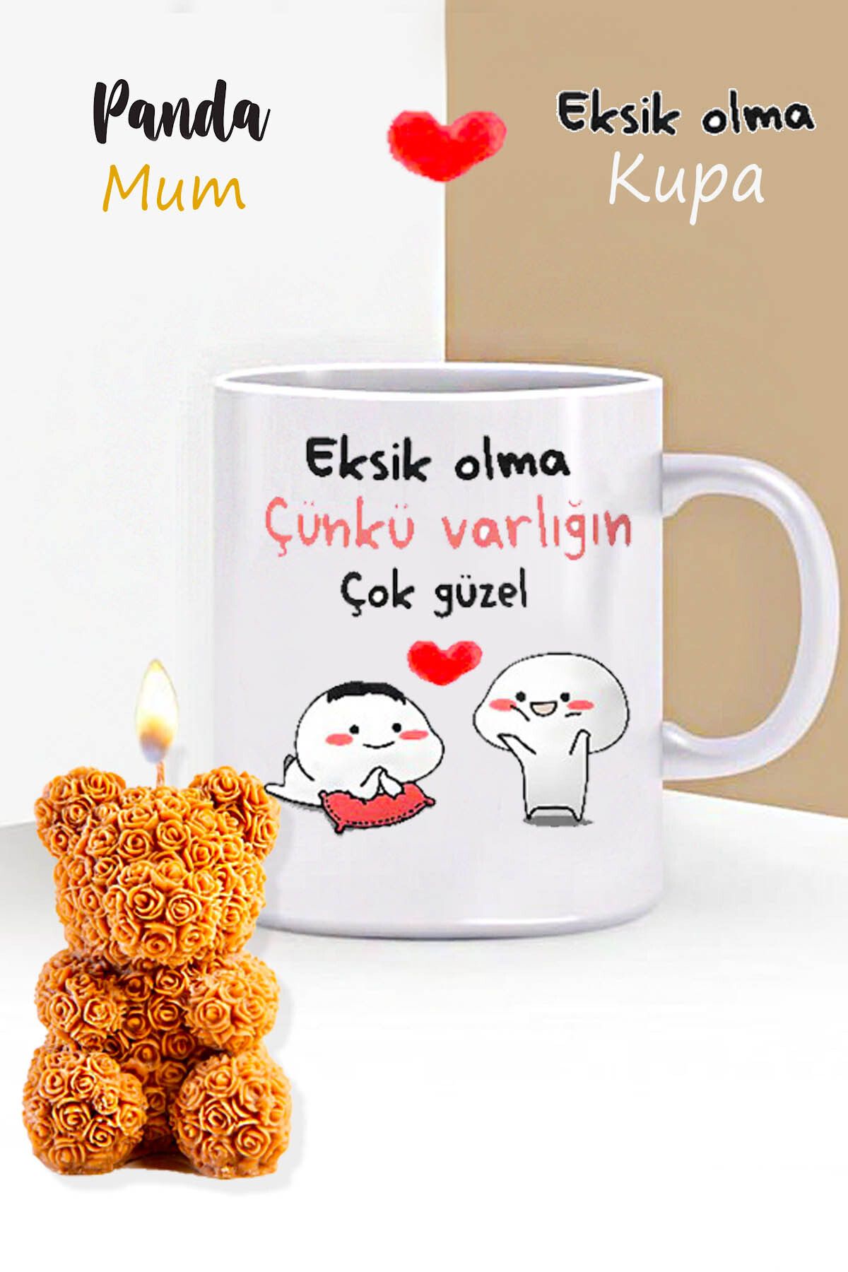 RETROGO Eksik Olma Varlığın Çok Güzel Kupa & Gül Desenli Ayıcık Mum Hediye Seti