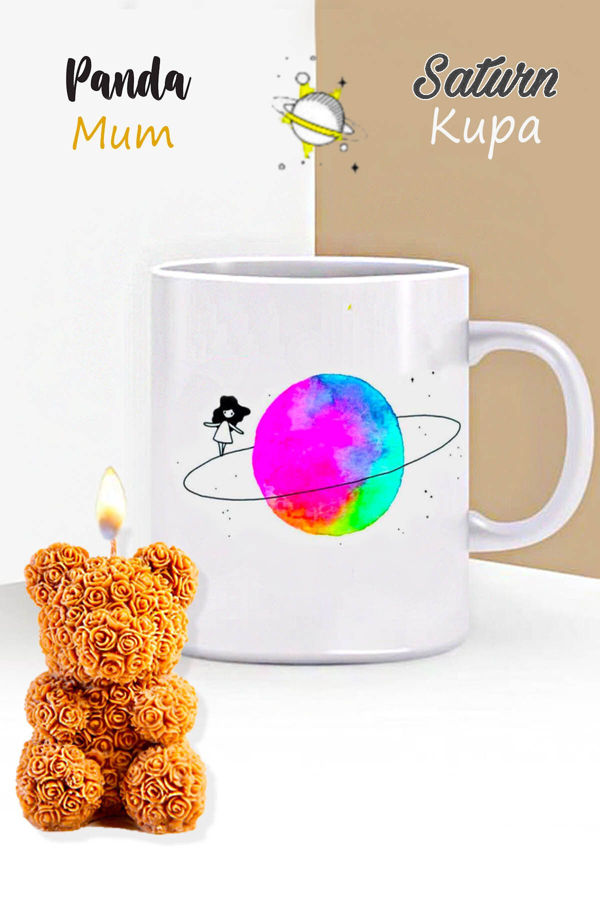 RETROGO Saturn Kız Özel Kupa & Gül Desenli Ayıcık Mum Hediye Seti