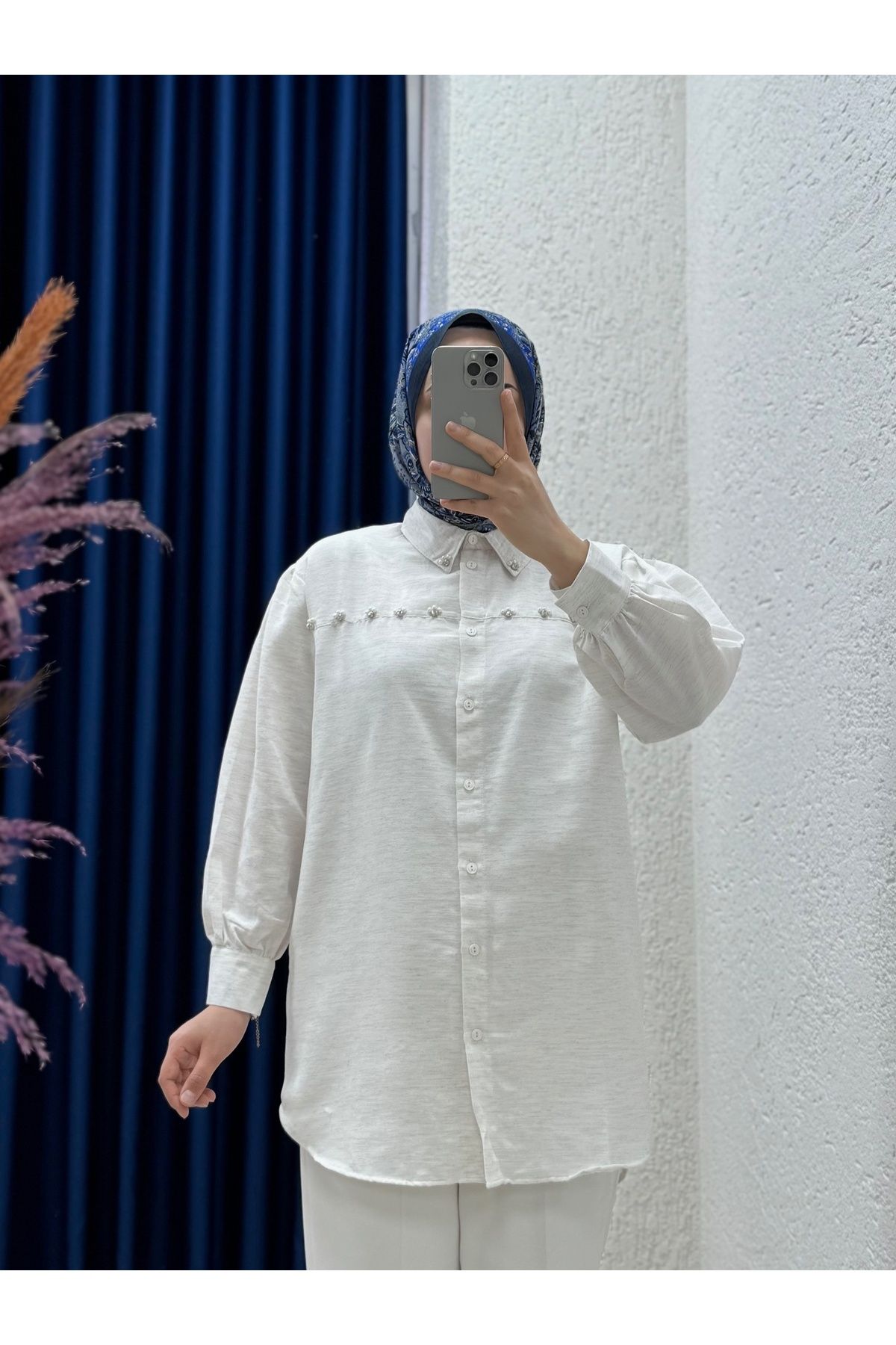 Mihra Serdina Taş ve İnci İşlemeli Keten Gömlek-EU2507 Taş