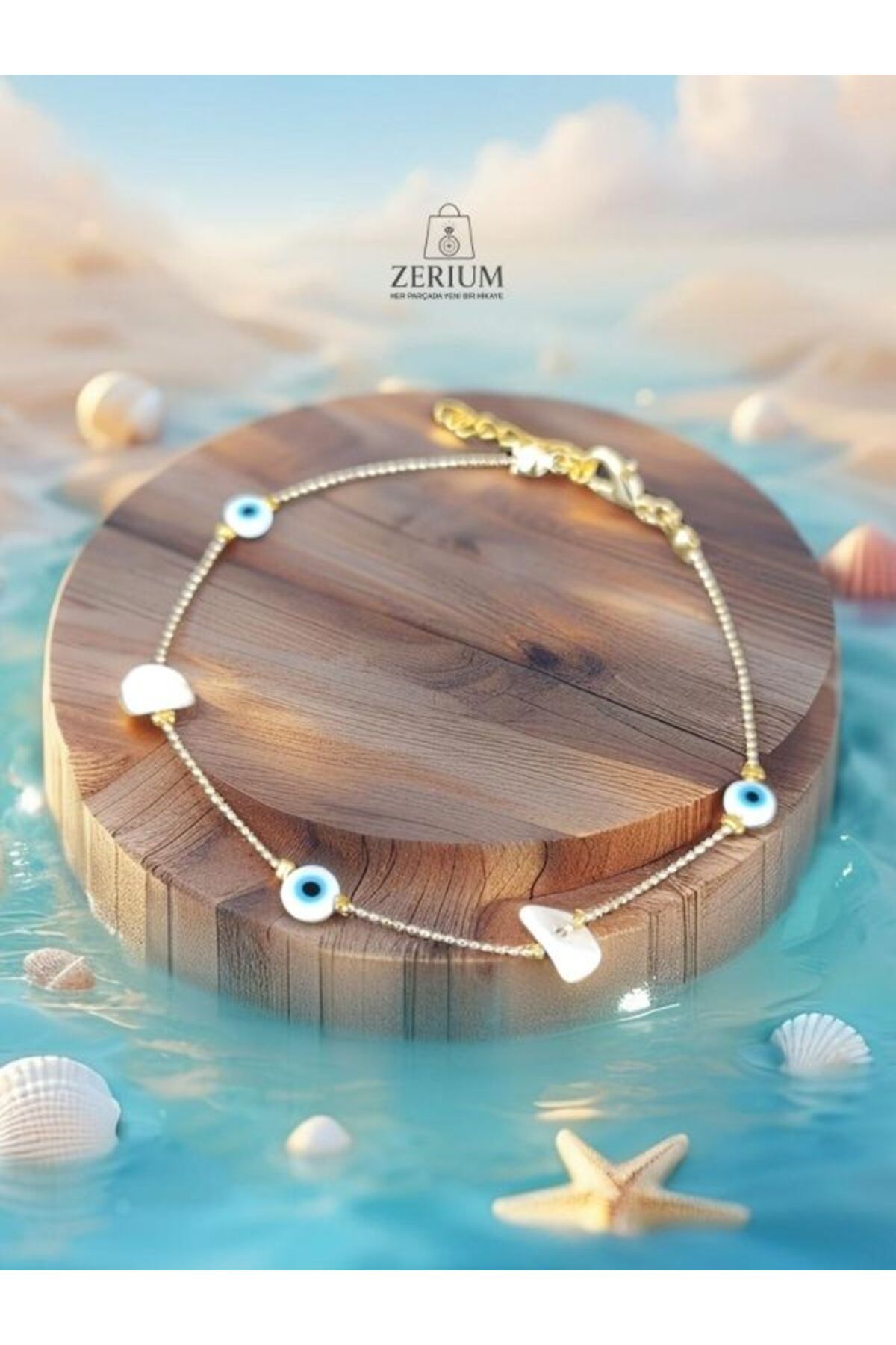 ZERİUM Nazar Boncuklu Kırık Doğaltaş Halhal – 22 cm Zarif Beyaz