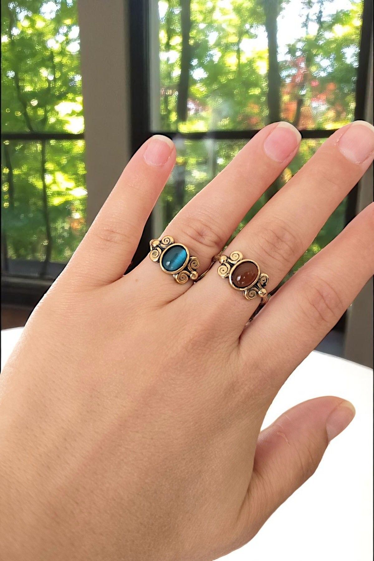 NBS Beautiful Naturel Stones SAF Bakır 2 Adet Ayarlanabilir Yüzük Kombin Akik ,Kedi Göz Muhteşem Renkler KALİTELİ ZARİF HEDİYELİK
