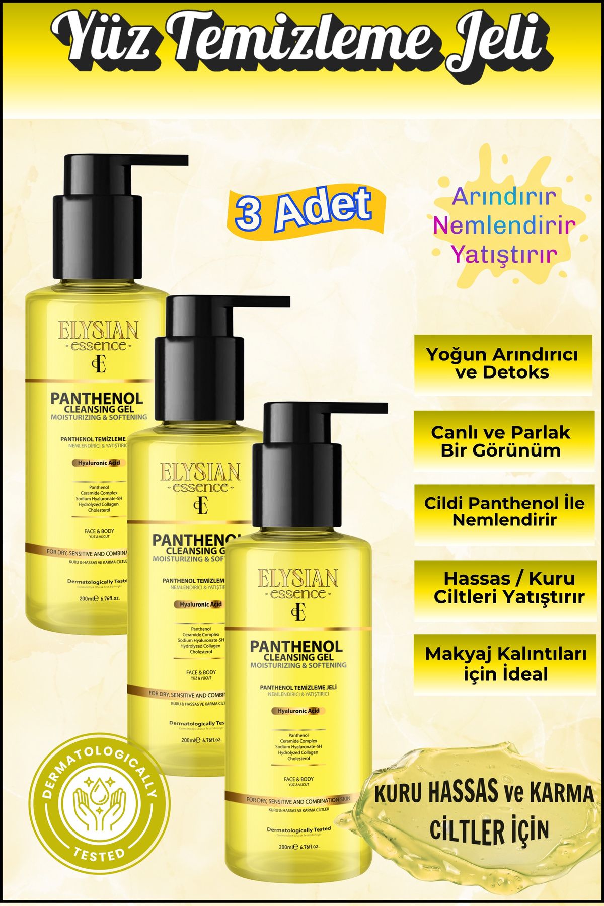 Elysian Essence Nemlendirici ve Yatıştırıcı Panthenol Yüz Temizleme Jeli 3'lü Set - Kolajen, Hyaluronic Acid İlaveli