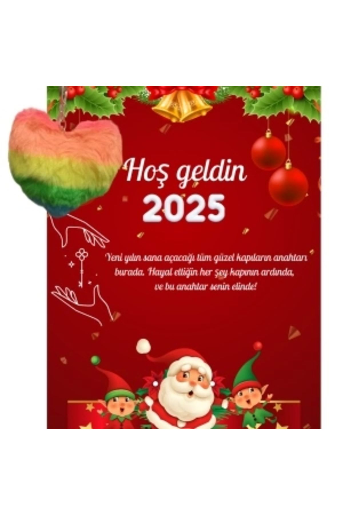 STOREMAX Yeni Yıl Noel Baba Kart Üzerinde Anahtarlık (Kişiye Özel Yazı Yazdırılabilir) Renkli Kalp