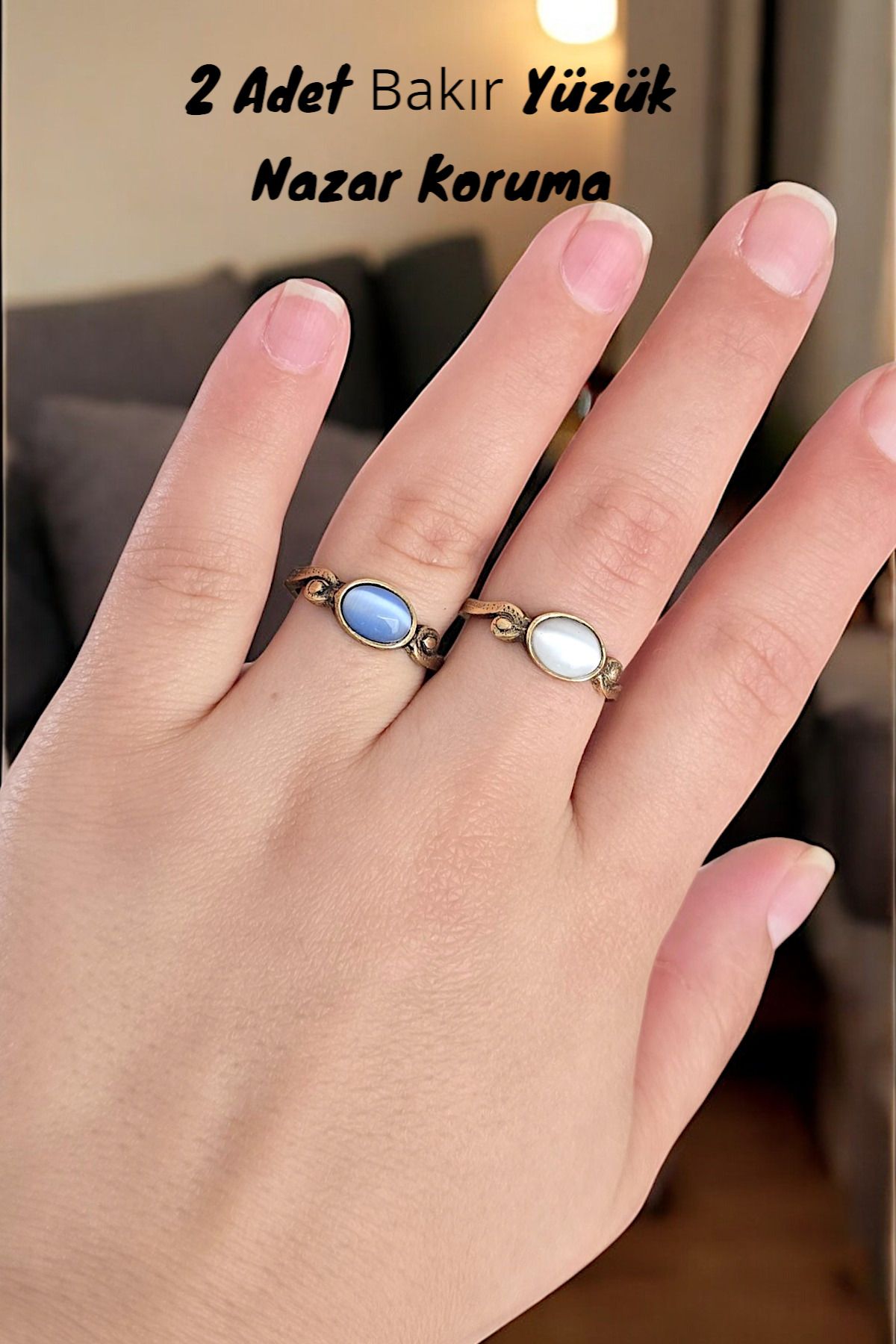 NBS Beautiful Naturel Stones SAF Bakır 2 Adet Ayarlanabilir Yüzük Kombin Selenit ,Kedi Muhteşem Renkler ZARİF HEDİYELİK Günlük
