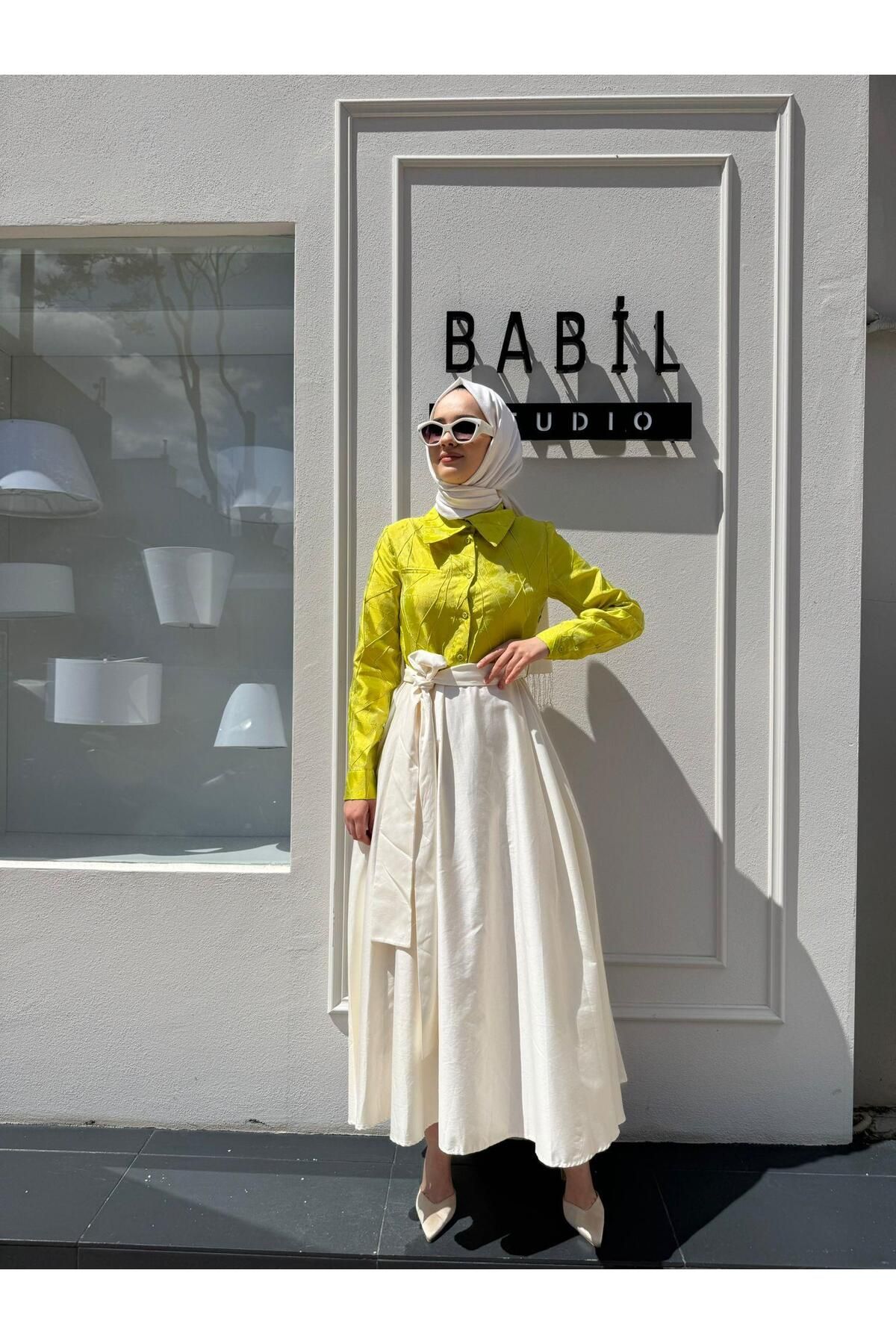 Babil Butik Kabartma Kumaş Detaylı Kadın Elbise Yeşil
