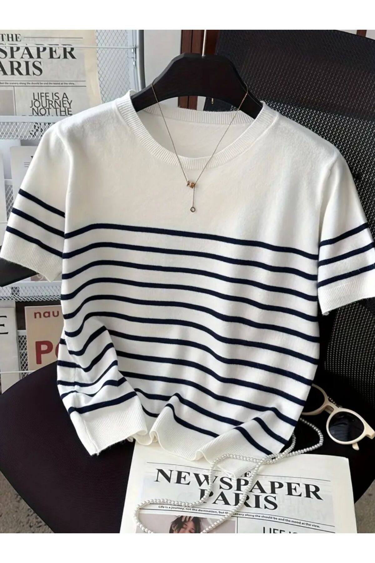 banessa Oversize Çizgili Triko Örme Kadın T-shirt