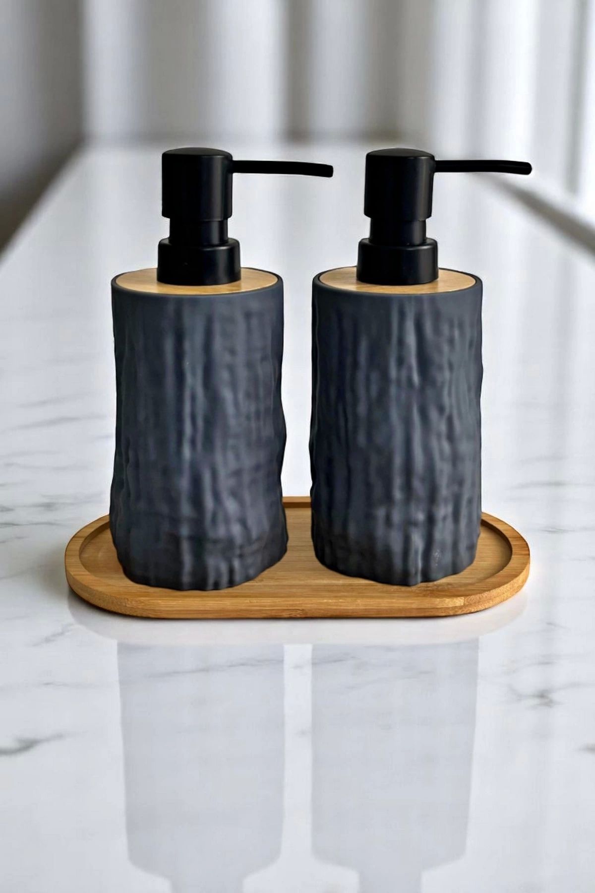 Tilbe Home 2li Bambu Detaylı Sıvı Sabunluk Seti 500ml Mutfak Banyo Taş Figürlü Hands Dishes Bambu Stantlı Set