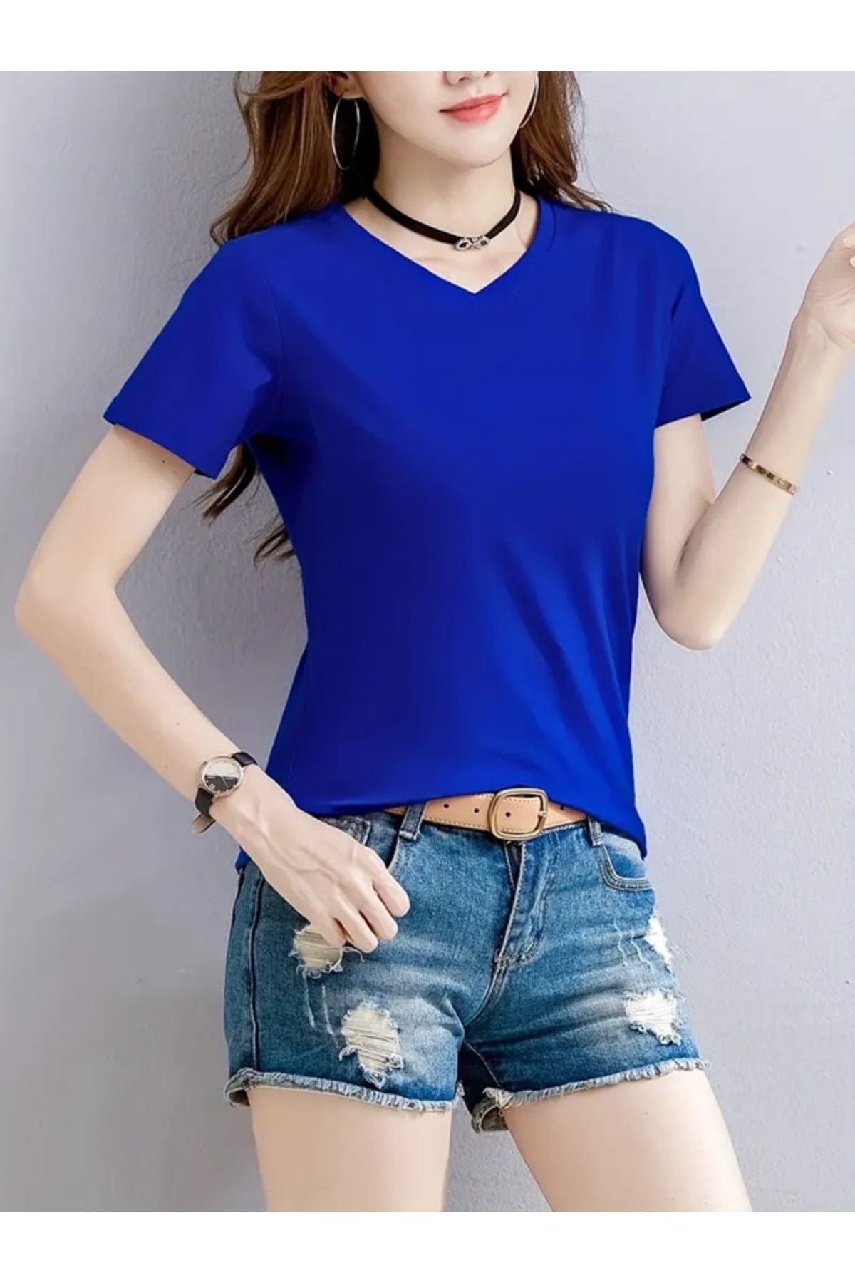 EXPECTED Kadın V Yaka Tişört Yazlık Regular Fit Basic Baskısız Günlük Şık Salaş T-shirt