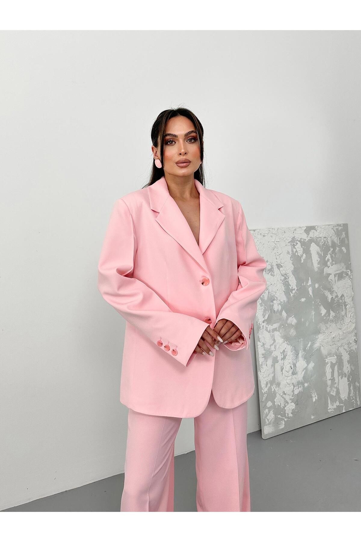 Juste Oversize Kolları Dikiş Detaylı Blazer Ceket Pembe