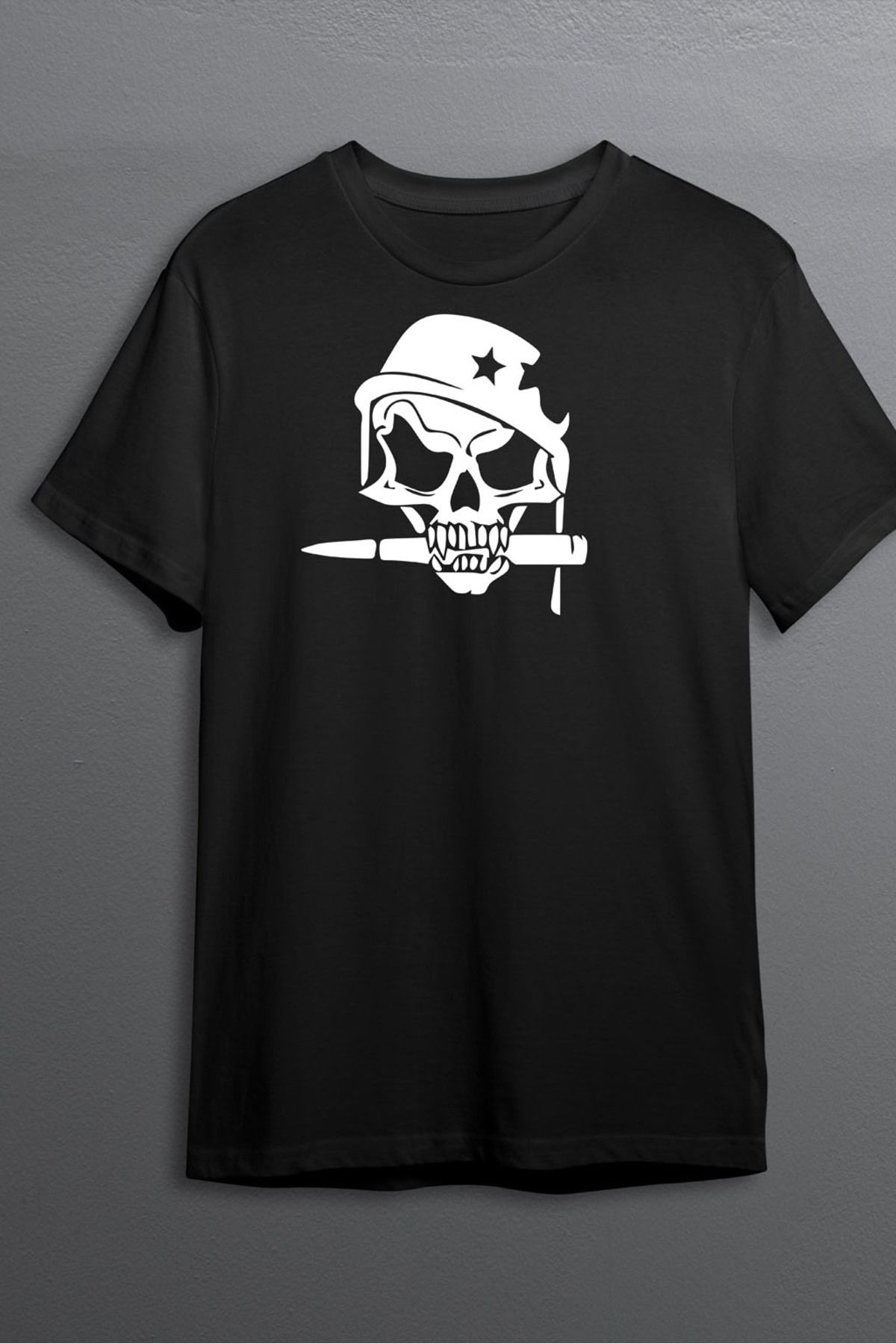 MLH STORE Kurukafa Baskılı Pamuklu Likralı T-shirt (Beyaz Desenli Siyah) L Beden