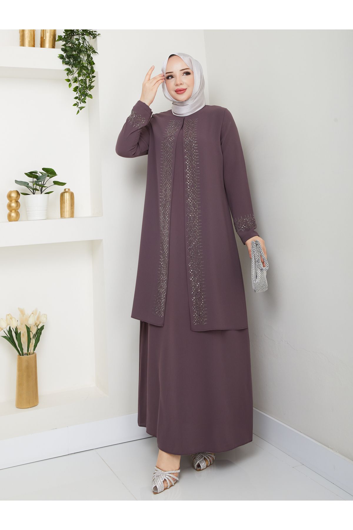KMKkombin ANNE MODEL TAM BOY RAHAT KALIP ŞERİT DESENLİ TAŞLI KADIN ELBİSE 2024