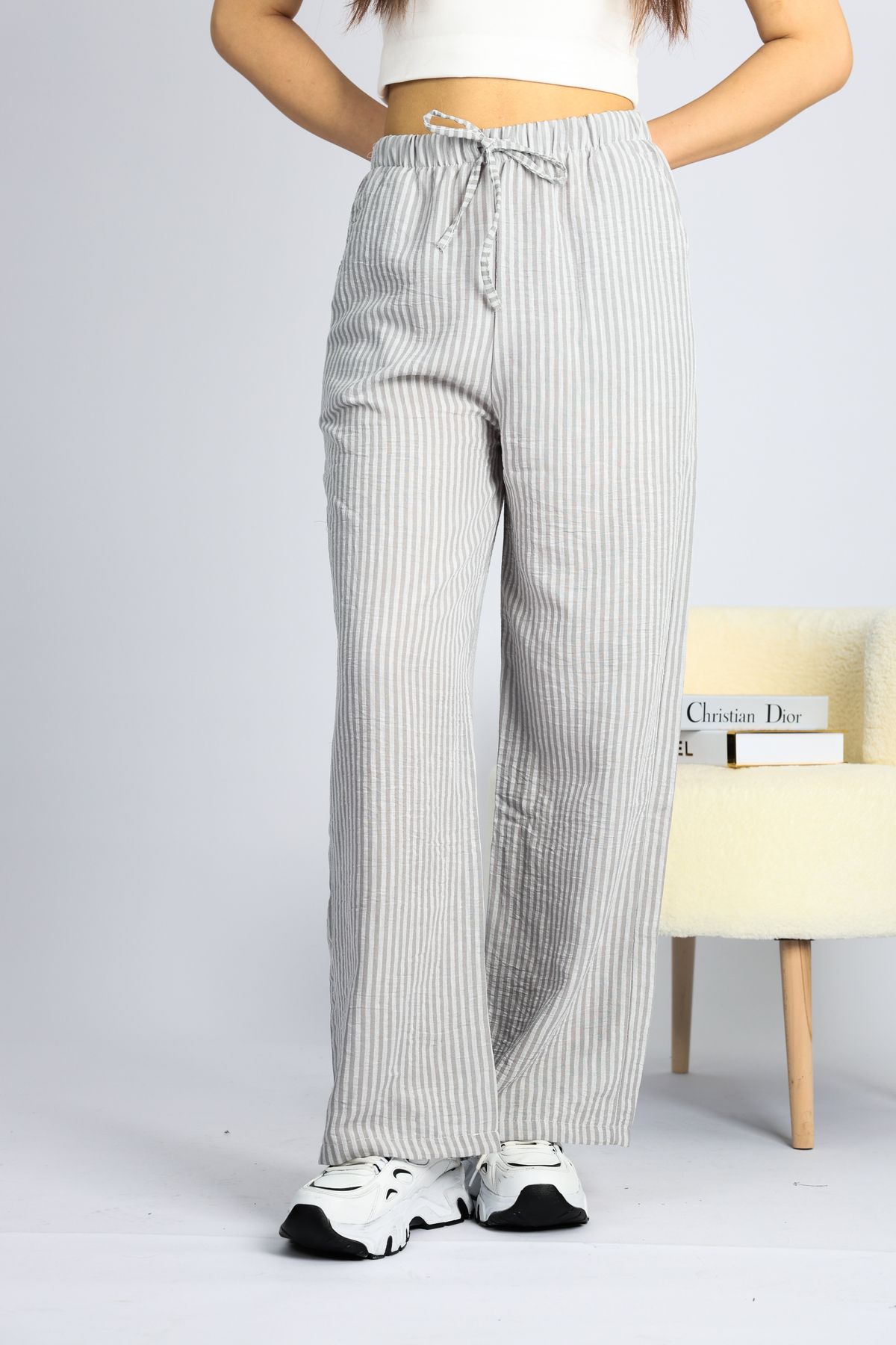 Bonne Maison Gri Beli Ayarlanabilir Çizgili Cepli Bol Paça Keten Kadın Pantolon S