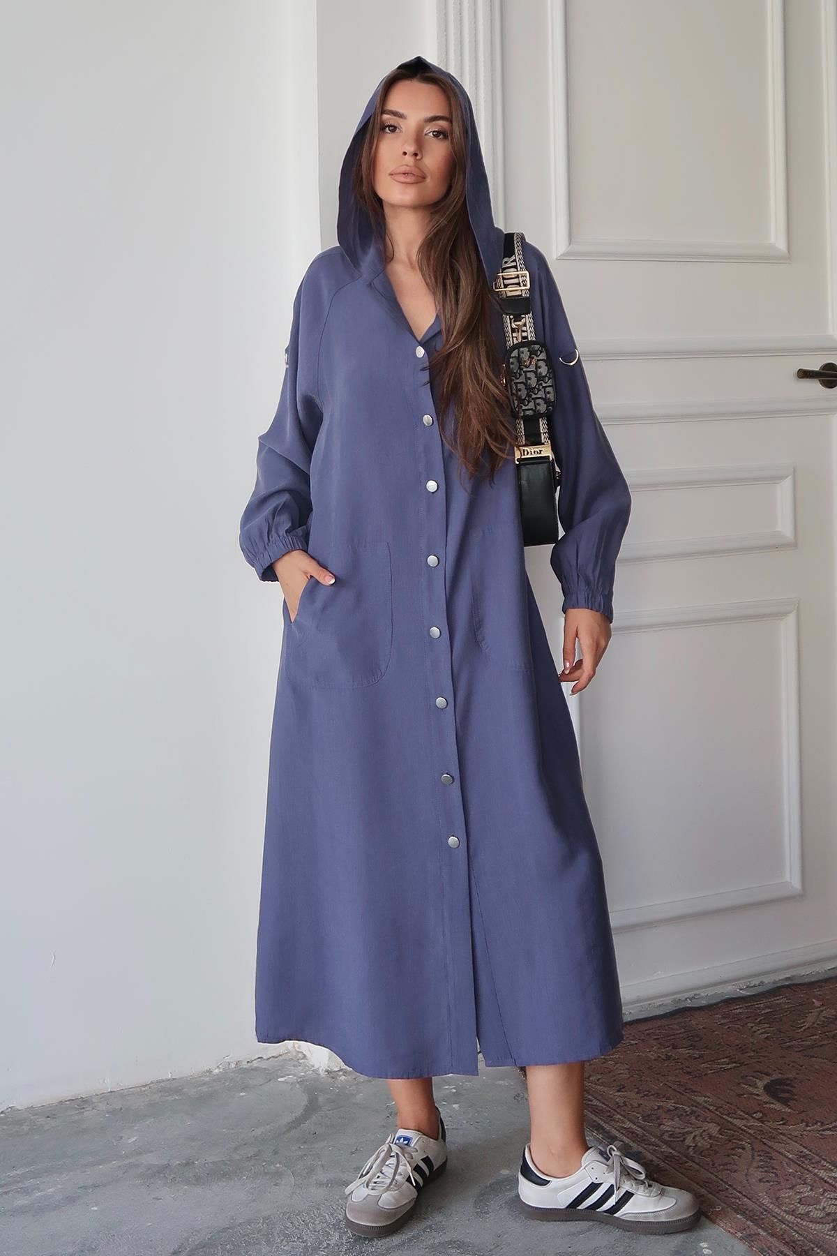 Olcay-Modal Cap with Hooded Drawstring Detail Unlined Indigo 6711-Y 2