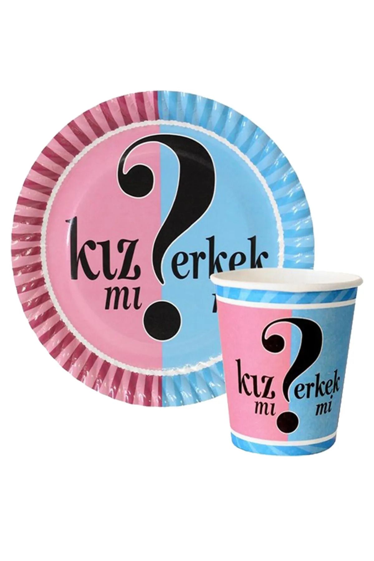FOKUL Cinsiyet Belirleme Partisi 8 Adet Karton Tabak ve Bardak Seti Kız mı? Erkek mi? 8'li Girl Boy