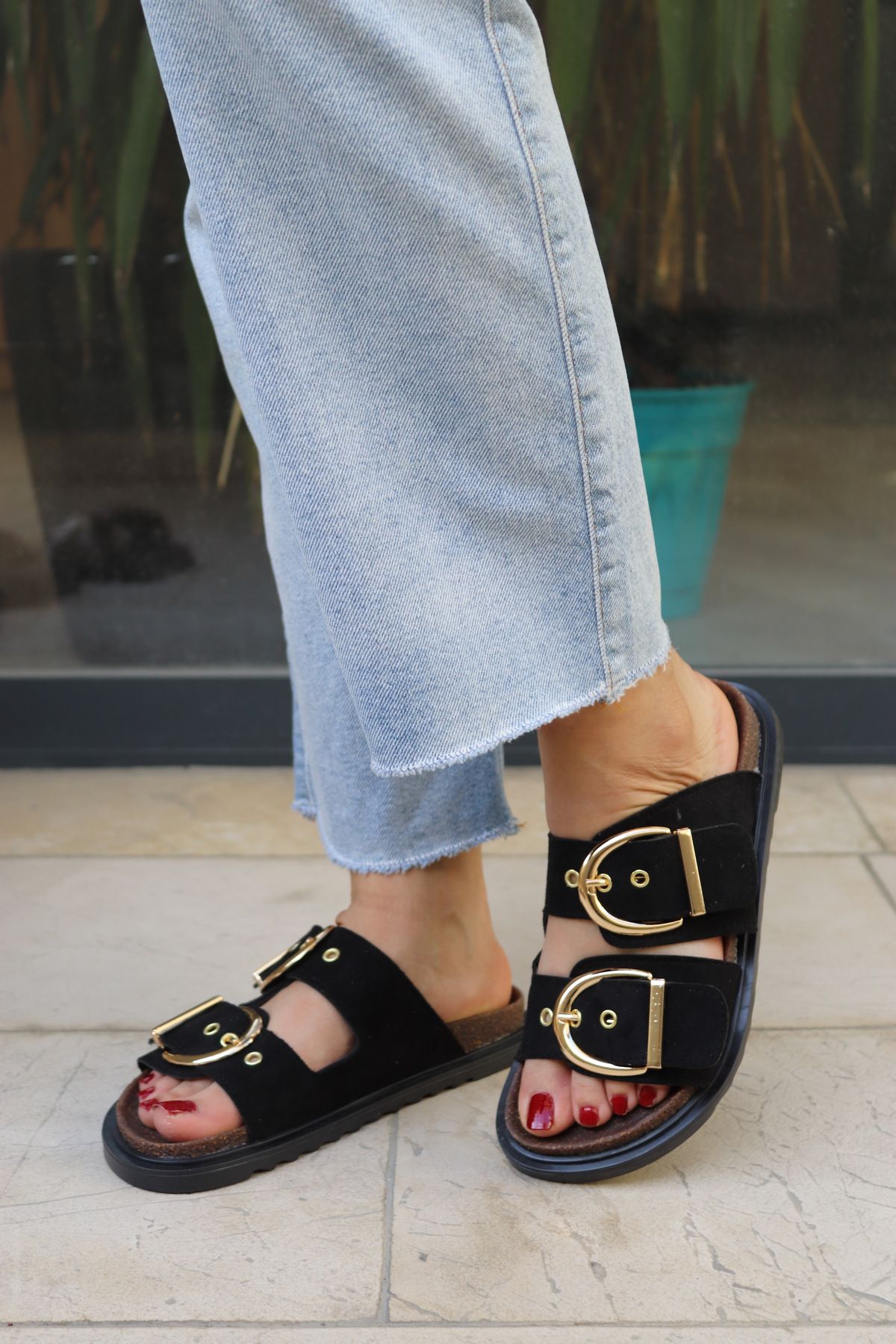 Yula Fashion Shoes Bella Lux Süet Gold Çift Tokalı Ortapedik Taban Terlik