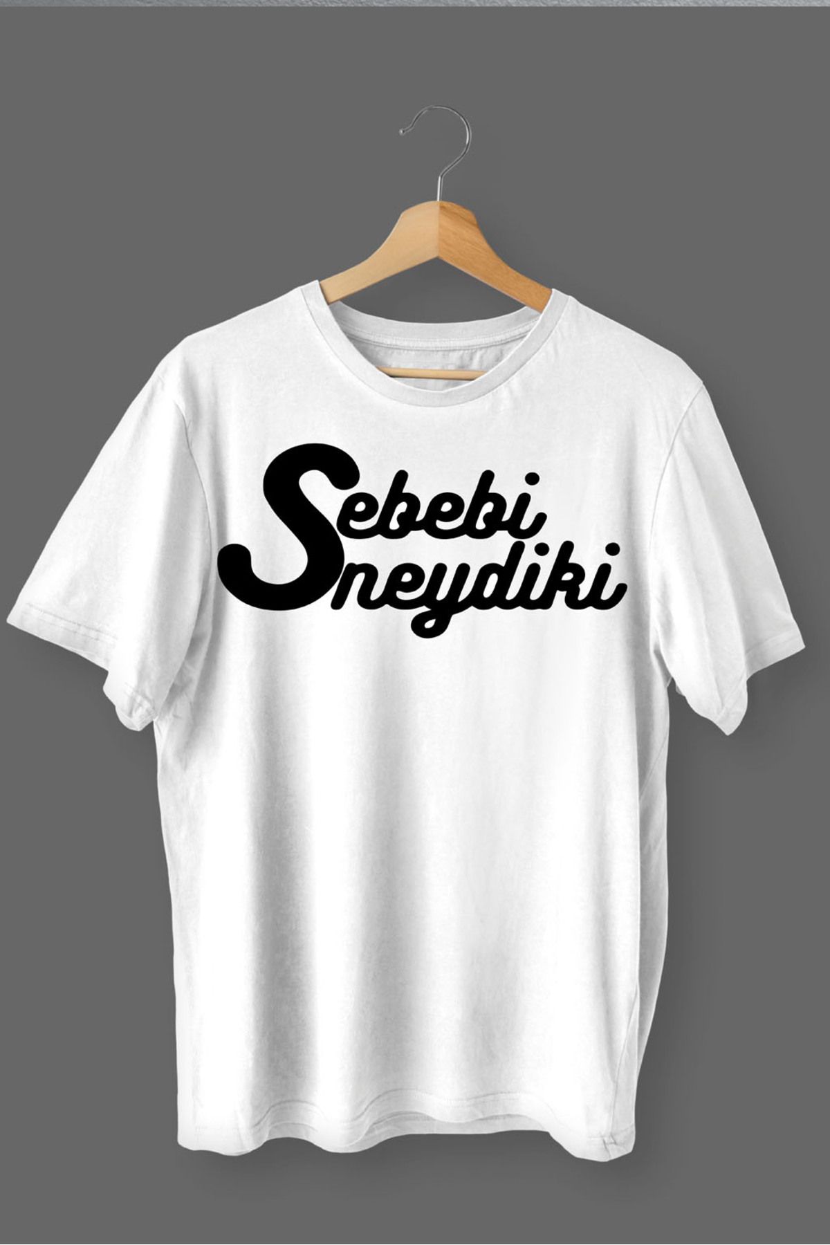 MLH STORE Sebebi Neydiki Baskılı Pamuklu Likralı T-shirt (Siyah Yazılı Beyaz) M Beden