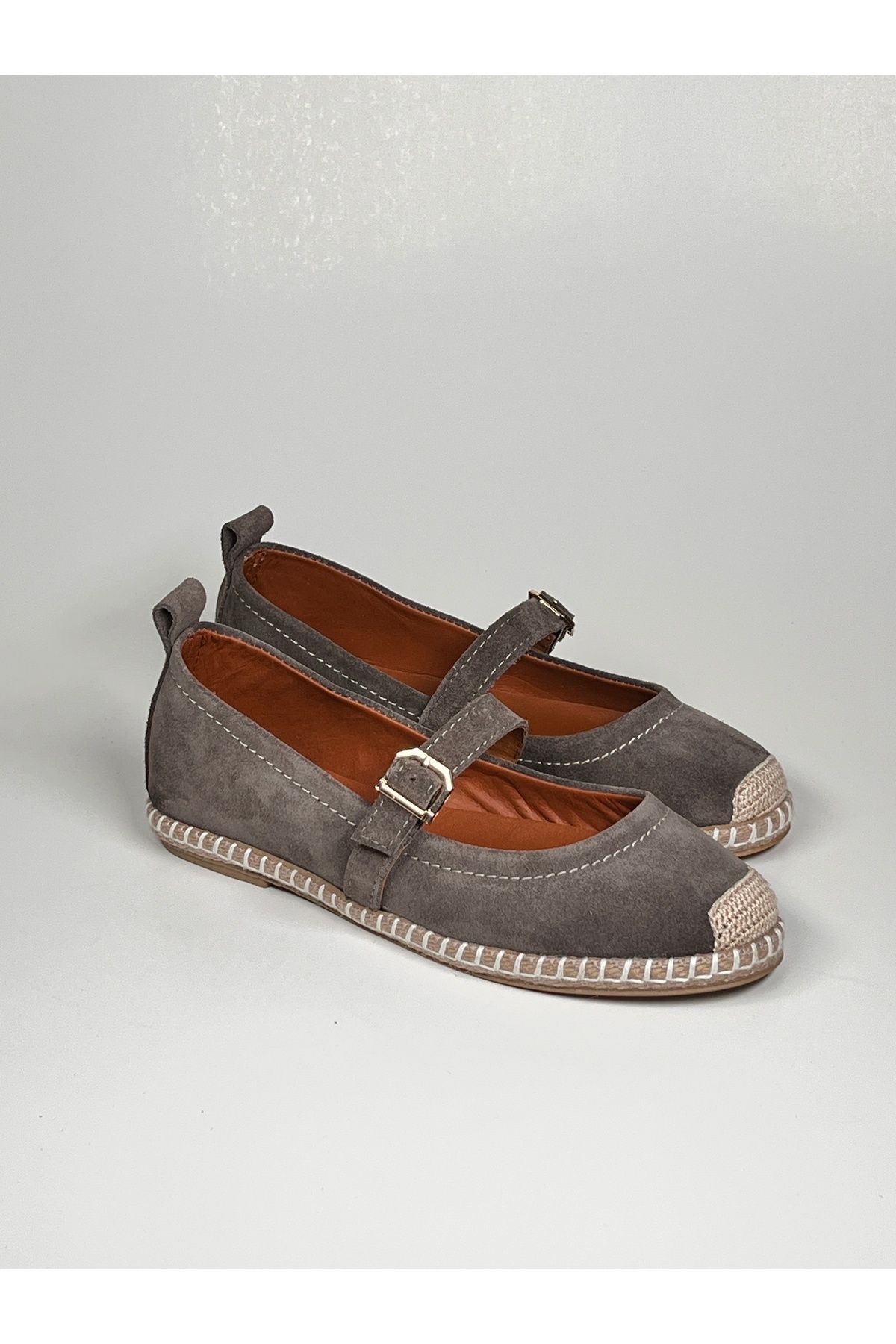 futsi shoes Gri Hakiki Deri Şık Toka Detaylı Babet Espadril