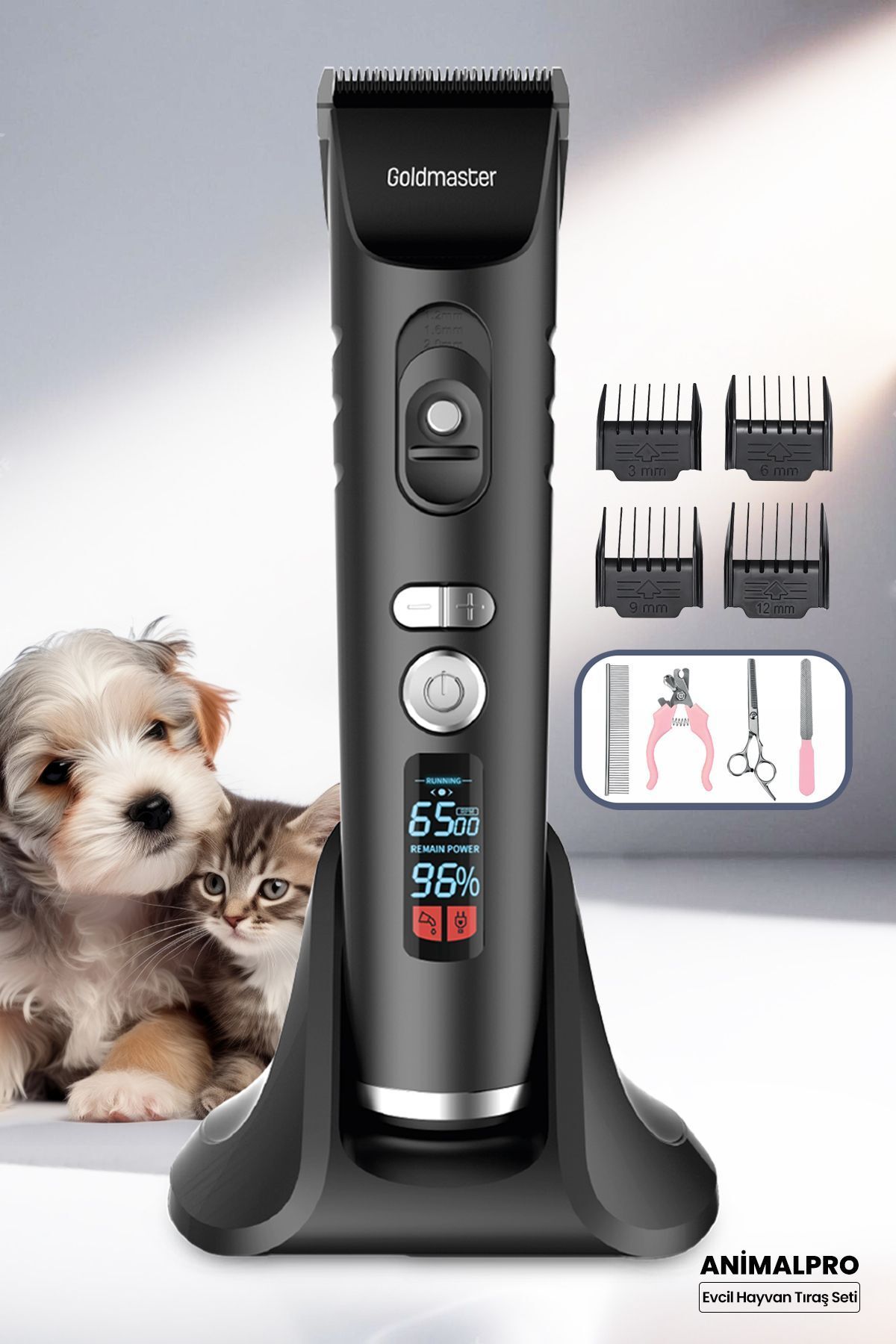 teknotrust Animalpro Şarj Standlı Led Ekranlı Pet Evcil Hayvan Tüy Kesme Aparatlı Tıraş Makinesi