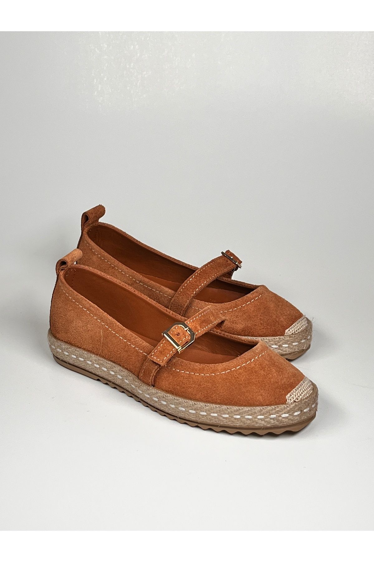 futsi shoes Taba Hakiki Deri Şık Toka Detaylı Kalın Tabanlı Babet Espadril